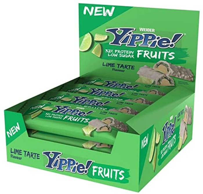 [Prime SparAbo] Weider Yippie! Fruits Protein Bar Eiweißriegel, Lime Tarte, 12 Stück á 45 g, fruchtiger Protein Snack