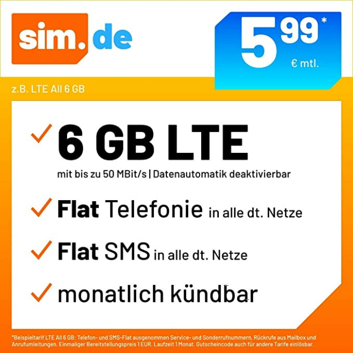 Handytarif sim.de z.B. LTE All 6 GB