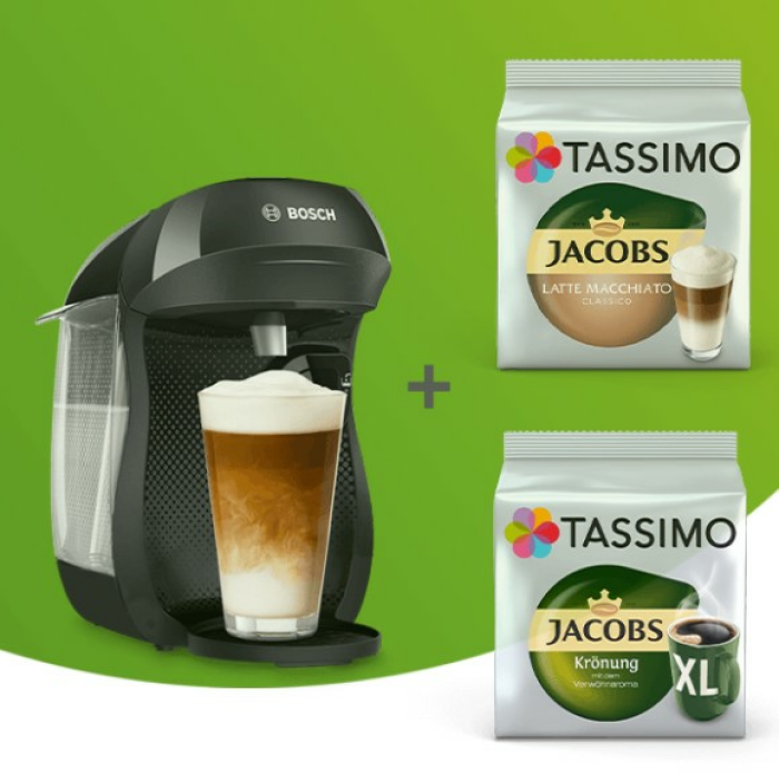Tassimo Happy Kaffeemaschine Schwarz + Gratis Jacobs Krönung XL + Latte Macchiato