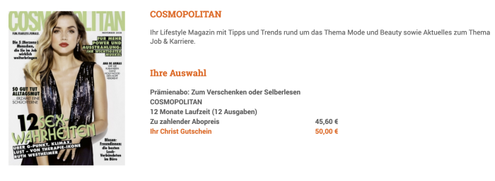 Cosmopolitan für 45,60€ für 1 Jahr plus 50€ Gutschein!