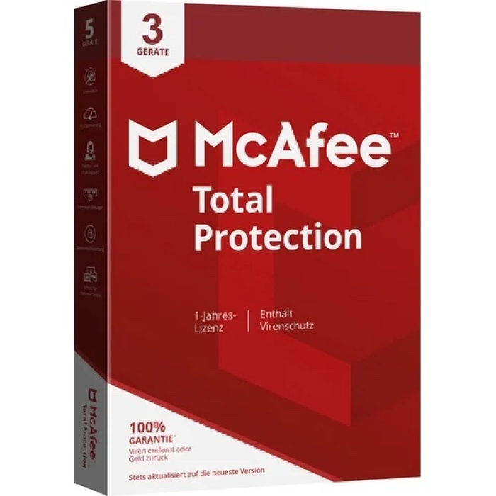 McAfee Total Protection Jahreslizenz, 3 Lizenzen Windows, Mac, Android, iOS Antivirus - Prime