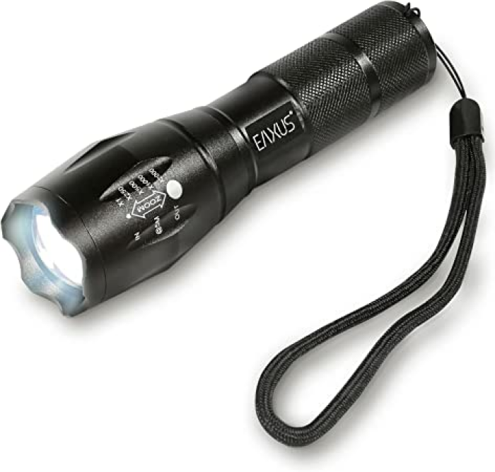 Eaxus® Taktische Taschenlampe LED - Zoombar | Blackout Notfallausrüstung | SOS-Modus | 5 Leuchtmodi | CREE LED, Schwarz