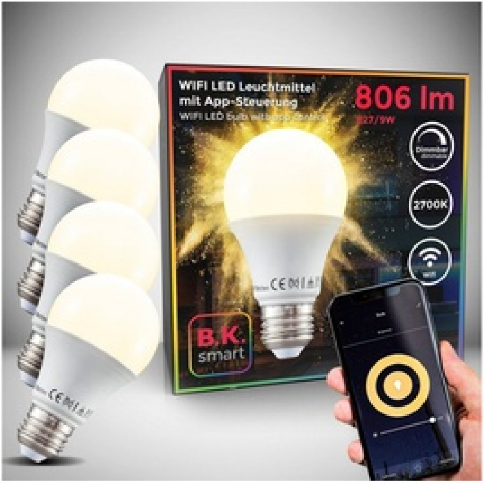 B K Licht WiFi LED Leuchtmittel E27, 9W | 4er Set