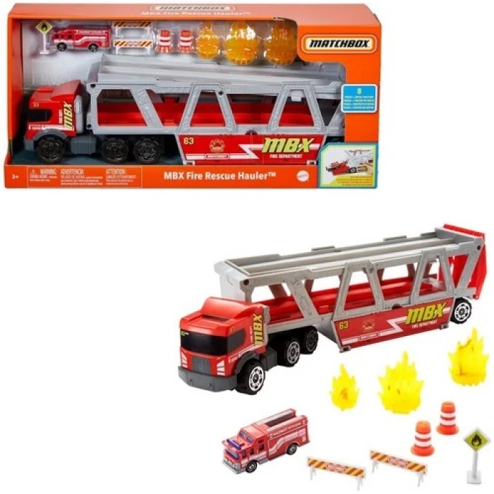 Matchbox Construction Hauler mit 1 Feuerwehrfahrzeug und 8 Zubehörteilen
