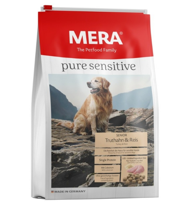 MERA pure sensitive Truthahn & Reis Senior, Hundefutter trocken für den sensiblen Hund, Trockenfutter aus Truthahn und Reis, gesundes Futter für ältere Hunde, ohne Weizen (12,5 kg)