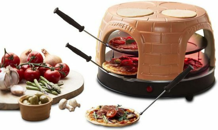 Emerio Pizzaofen, PIZZARETTE das Original, handgemachte Terracotta Tonhaube, patentiertes Design, für Mini-Pizza, echter Familien-Spaß für 8 Personen