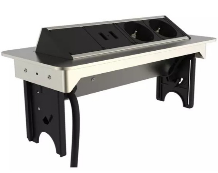 Schütte Einbau-Tischsteckdosenleiste E2, 2-fach, (Klappendeckel Schutzkontaktstecker Kabellänge 2,3 m), versenkbar, 2-fach und 2 x USB