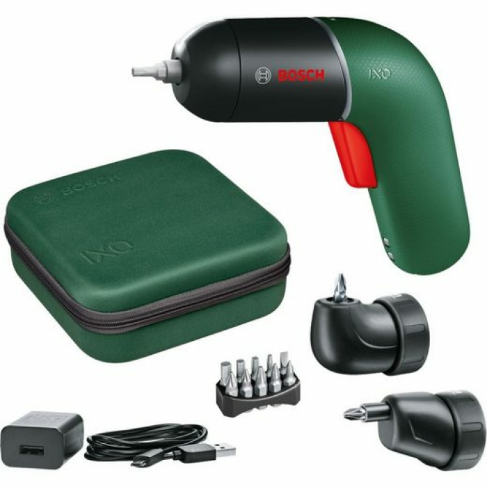 Bosch Akkuschrauber IXO Set (6. Generation, grün, mit IXO-Winkel- und IXO-Exzenteraufsätzen, variable Drehzahlsteuerung
