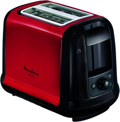 Moulinex LT260D11 Subito Toaster, Aufwärm- und Auftaufunktion, Krümelschublade, Schwarz/Edelstahl Rot