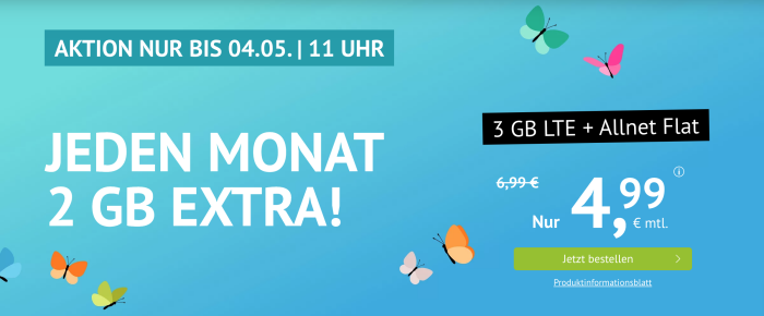 o2 Allnet und SMS-Flat + 3GB LTE von handyvertrag.de für 4,99mtl. + (mtl. kündbar)