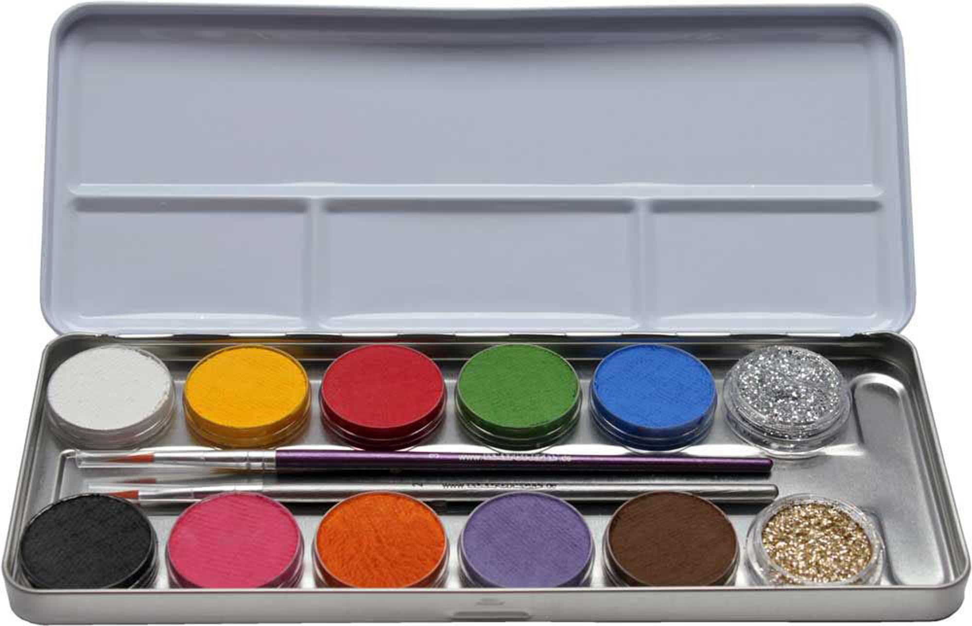 🎨 EULENSPIEGEL Schminkpalette 10 Farben 2x Glitzer 2x Pinsel Metalletui Metall-Schminkpalette 12er Kombi Angebot bei HelloDeals