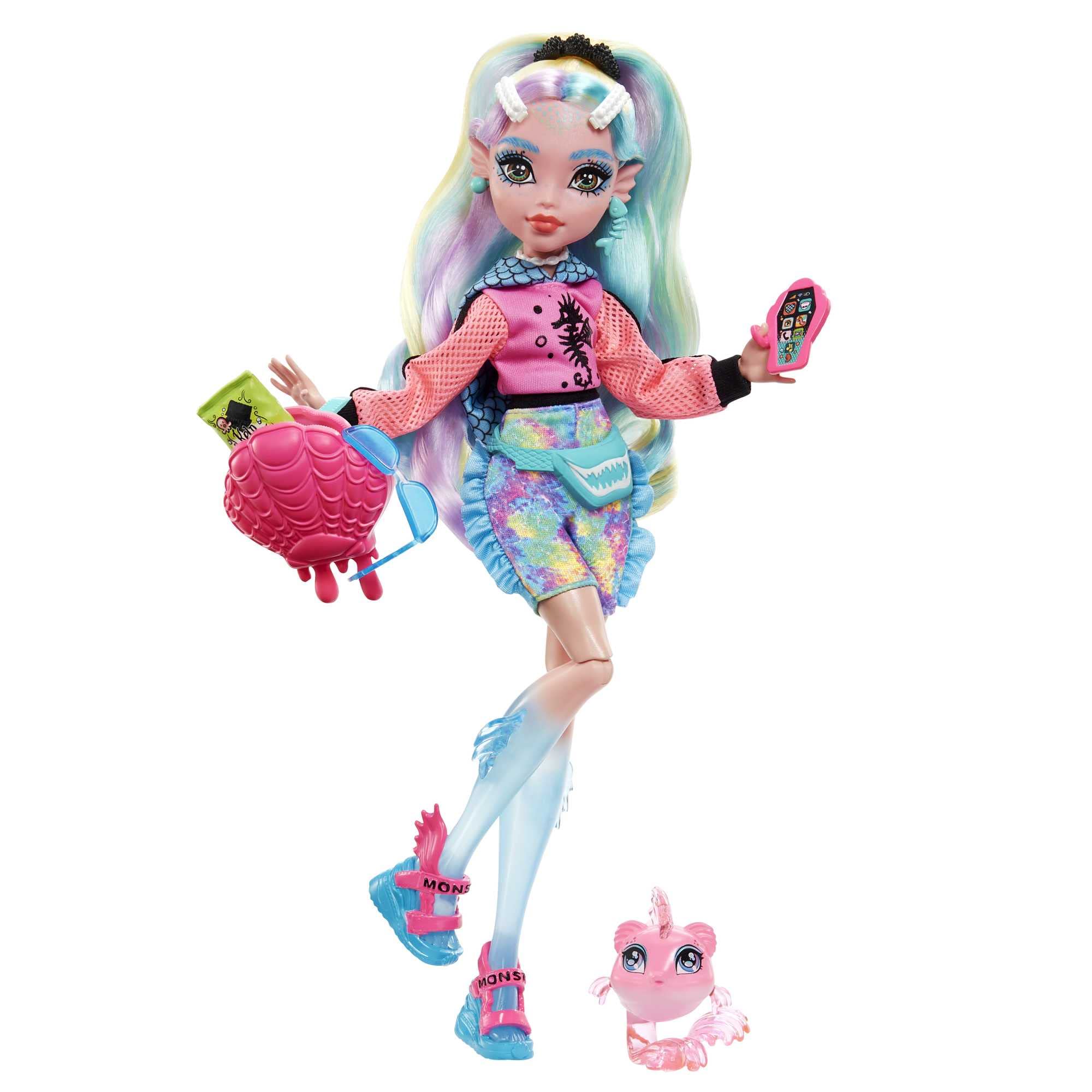 👻 MONSTER HIGH Lagoona Blue Puppe - Pink Hoodie, Batik-Bikeshorts, Plateausandalen, Flossen, Zubehör Angebot bei HelloDeals