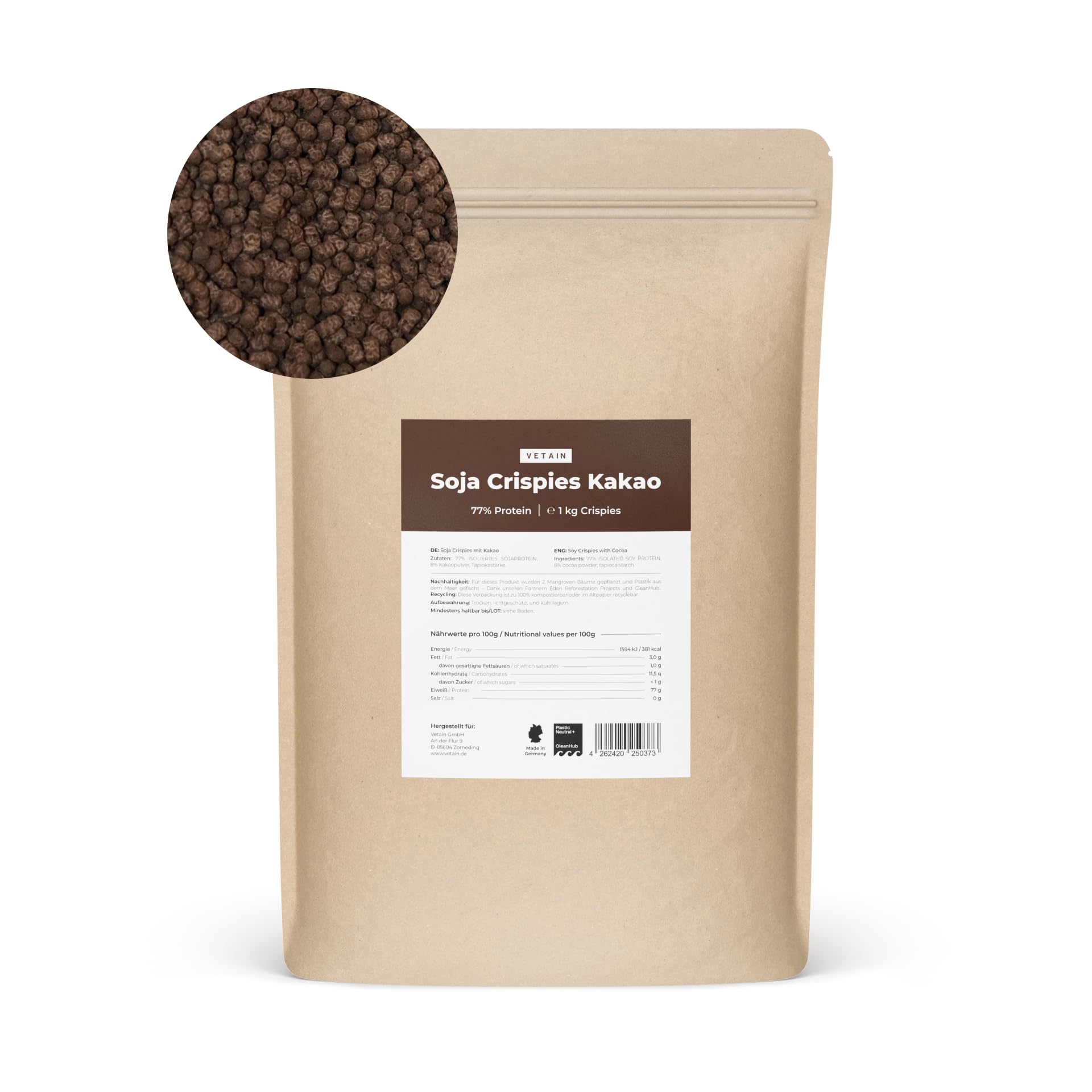 VETAIN Soja Protein Crispies Kakao 1kg - 77% Protein - Vegan, zuckerfrei & laktosefrei Angebot bei HelloDeals