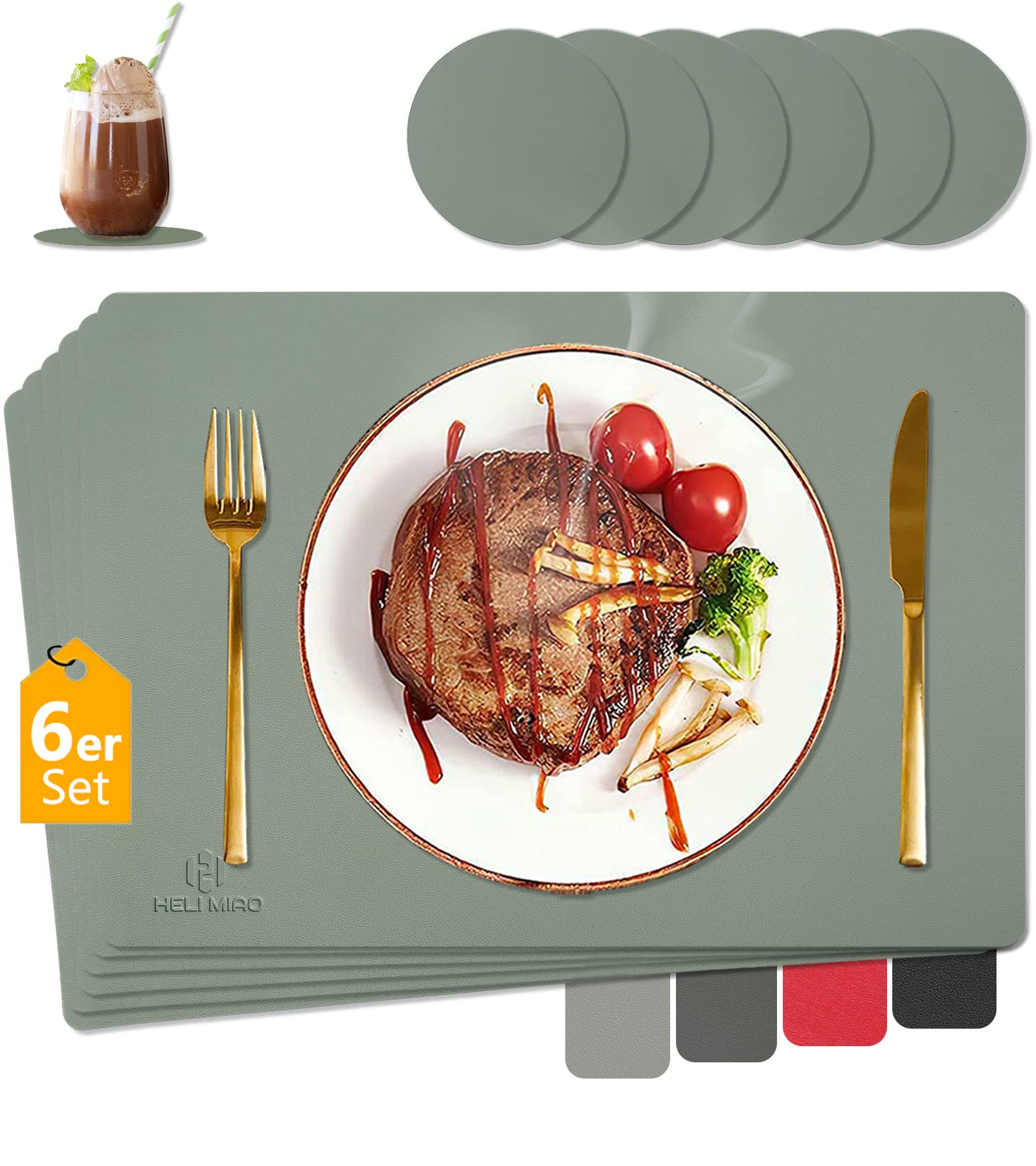 🌿🌿🌿 HELI MIAO Tischsets Abwaschbar,Platzsets Abwischbar, Leder,Hitzebeständig I 6er Set Platzdeckchen Lederoptik Angebot bei HelloDeals
