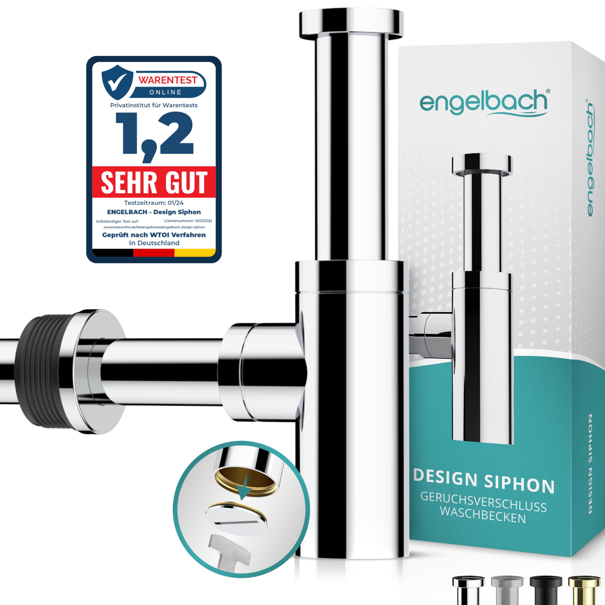 🛠️ Engelbach® Design Siphon für Waschbecken & Waschtisch - Mit Reinigungsöffnung - Universal Abflussrohr 1 1/4" - Geruchsverschluss, Syphon inkl. Gummimanschette und Anleitung Chrom Angebot bei HelloDeals