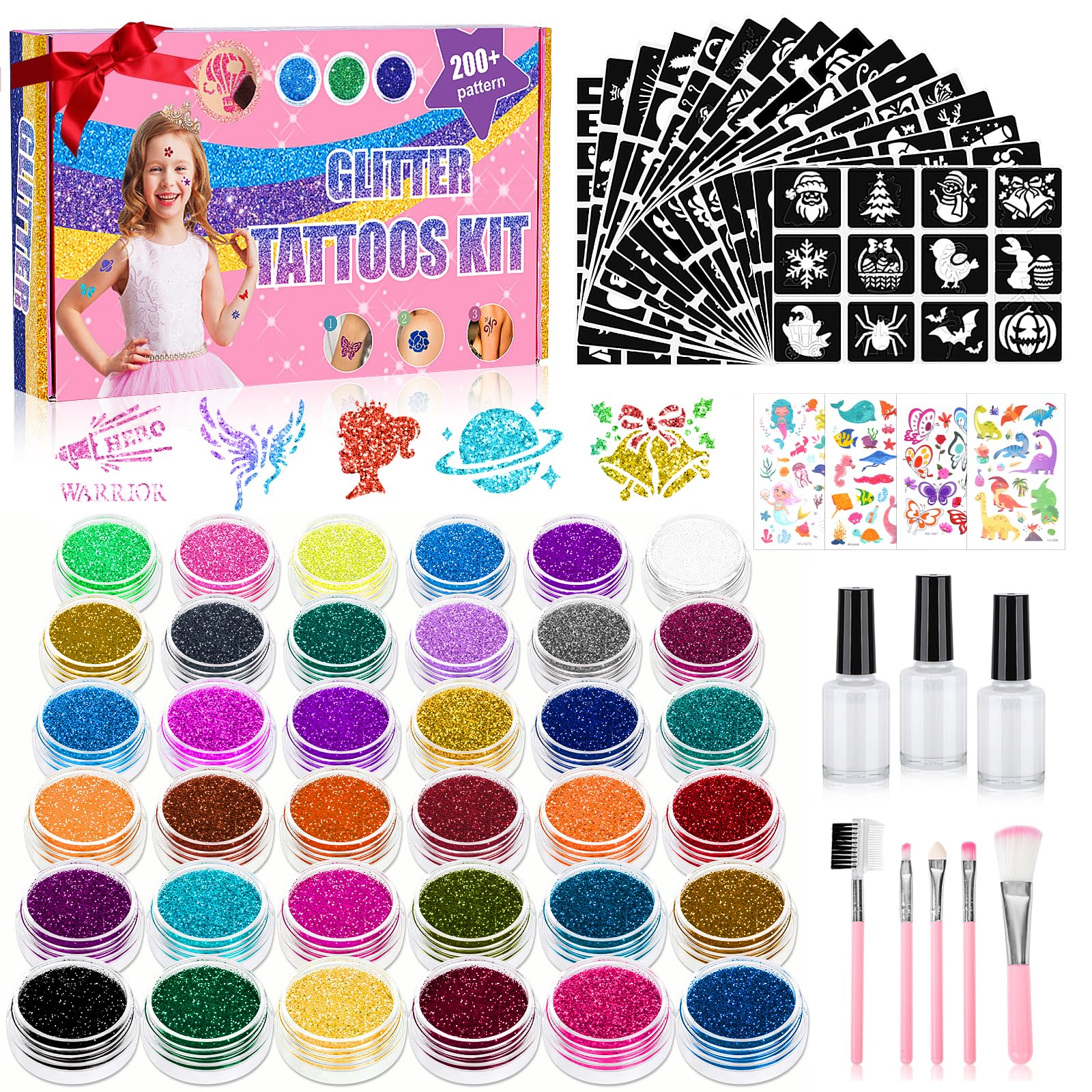 Glitzer Tattoo Set Kinder - 36 Farben, 220 Tattoos Schablonen, Glitzer Mädchen Temporäres Geschenk 🎁 Angebot bei HelloDeals