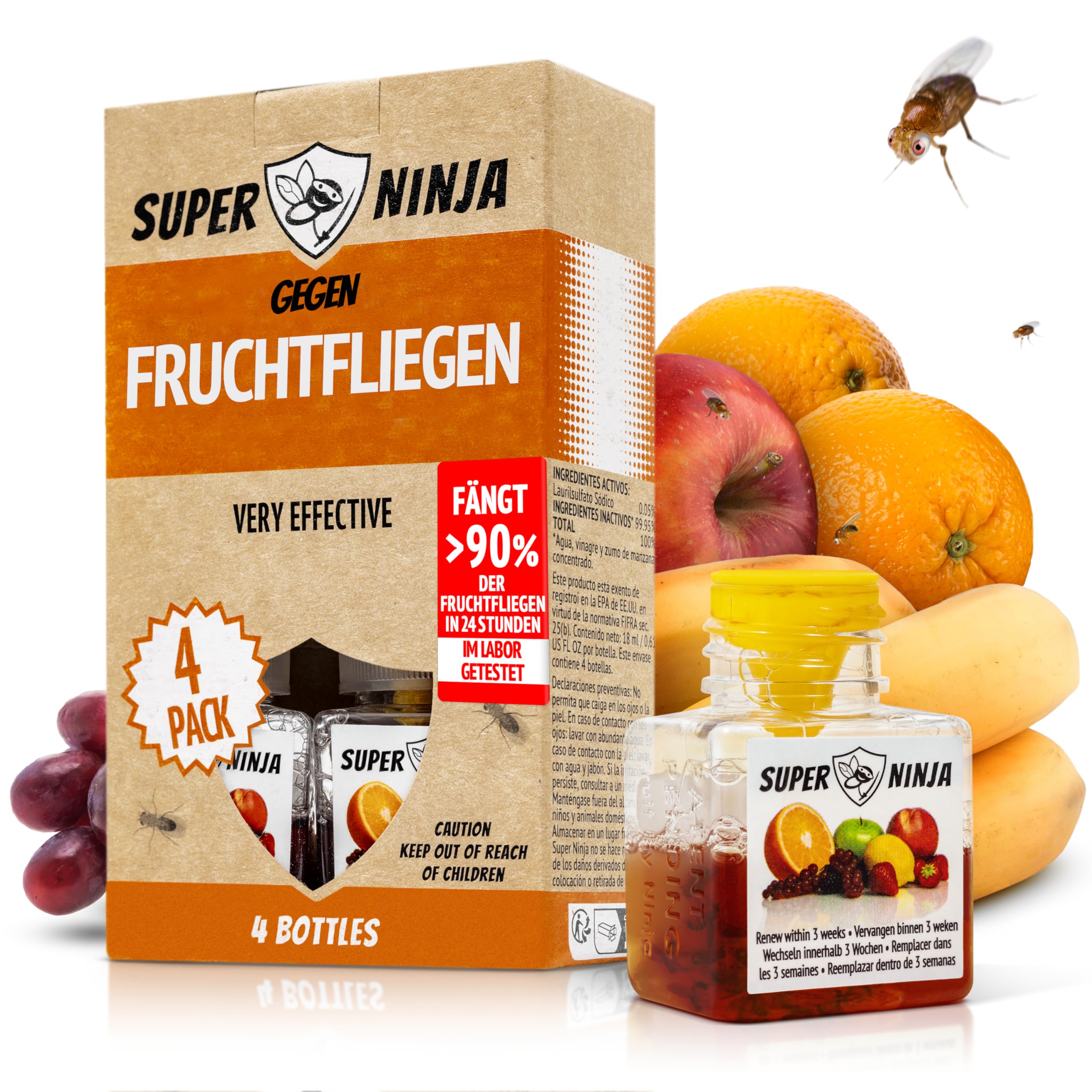 🍎🐜 Super Ninja Fruchtfliegenfalle für Innenbereich – 4er-Pack -  Kinder- und haustierfreundlich Angebot bei HelloDeals
