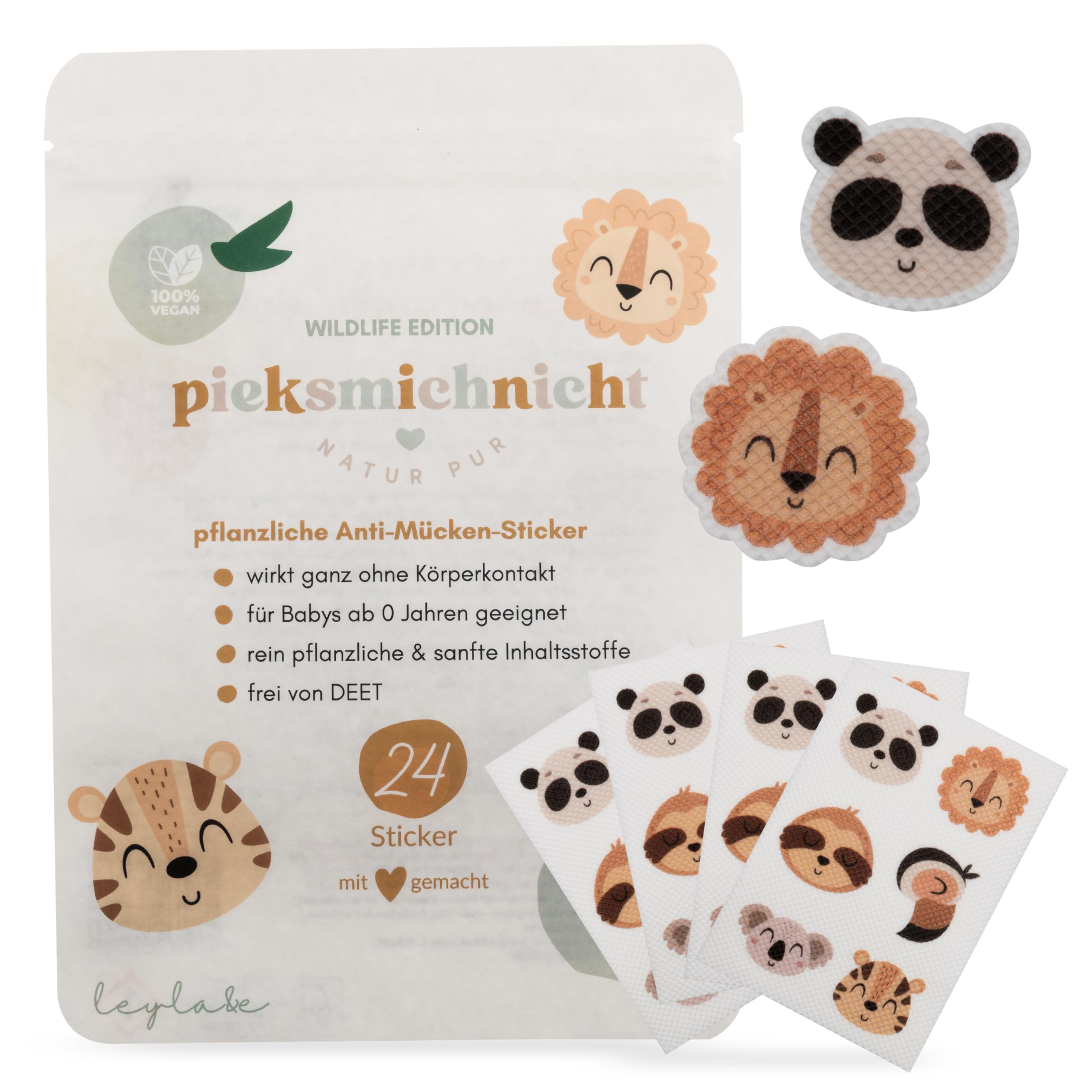 🌿🦟 Pieksmichnicht Pflanzliche Anti-Mücken-Aufkleber für Babys und Kinder mit Tiermotiven 🦒🐅 Angebot bei HelloDeals