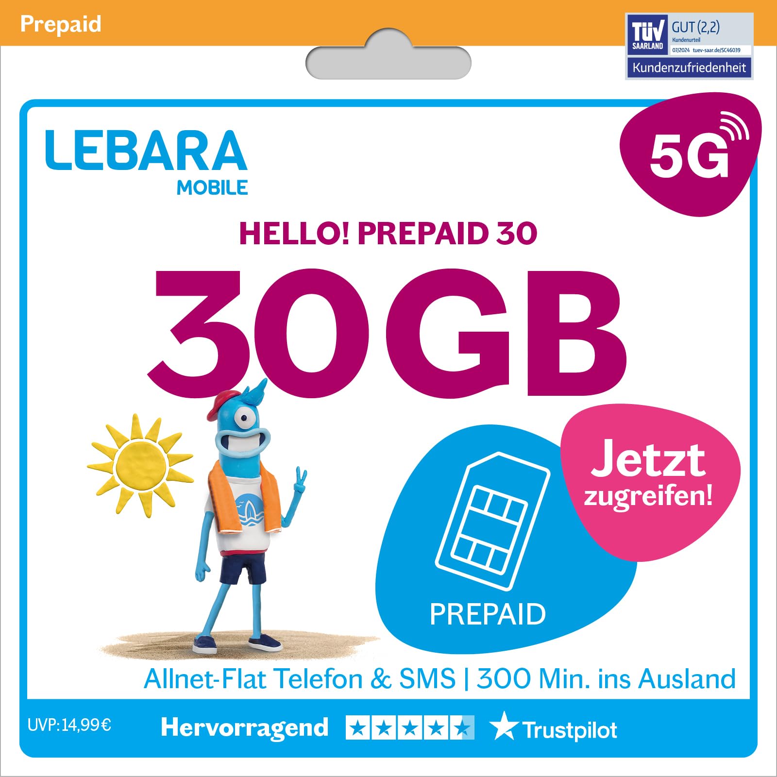 📱 LEBARA Hello! 30 Prepaid SIM-Karte | 30 GB für nur 7,49 € auf Amazon Angebot bei HelloDeals