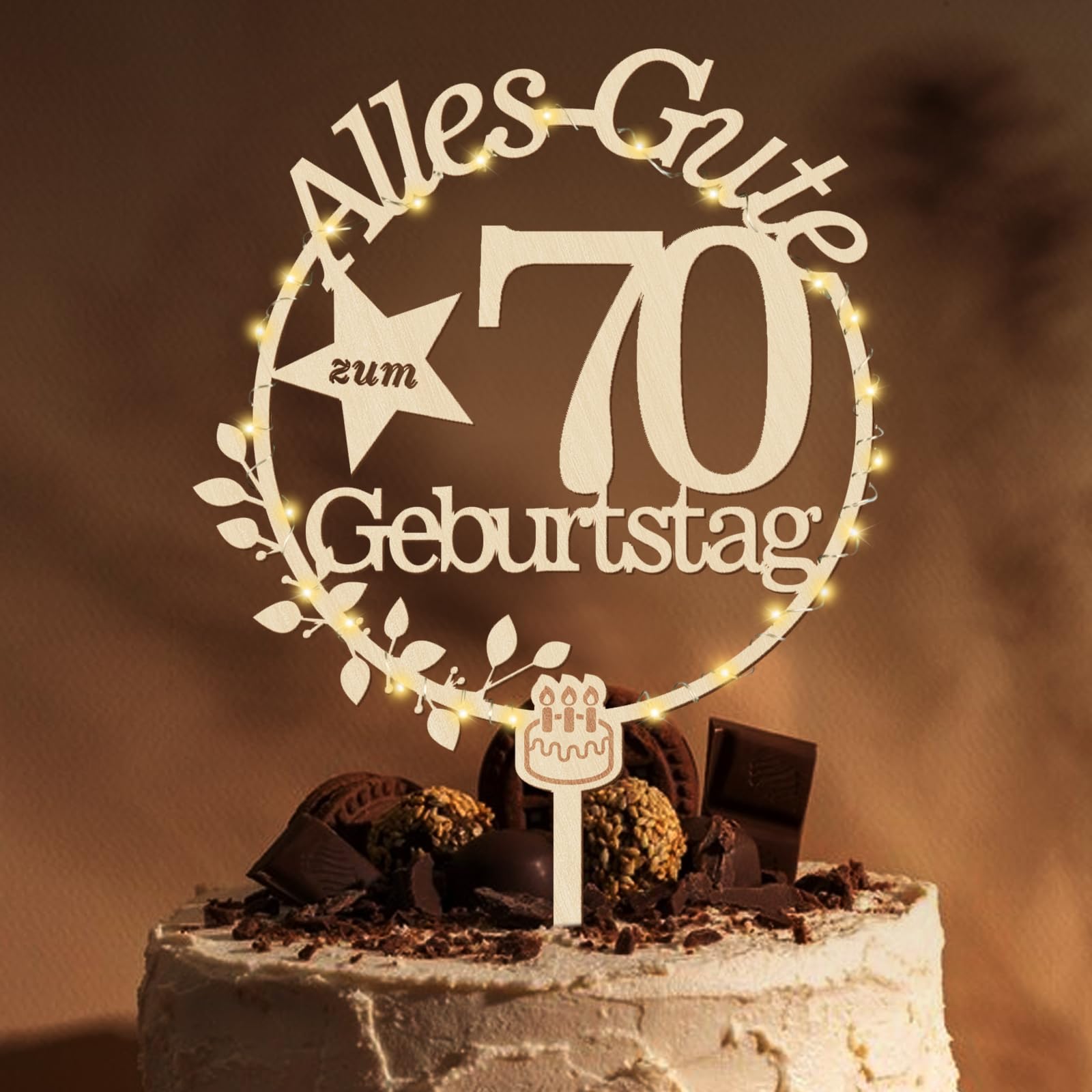 🎂 Giftota Cake Topper 70. Geburtstag Holz mit LED Lichterkette - 70. Geburtstag Deko Frauen Männer Angebot bei HelloDeals