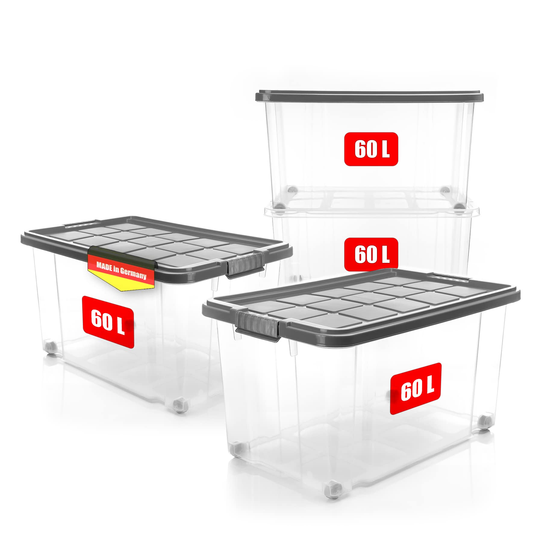 📦 BigDean 4 Stück 60 L Aufbewahrungsbox mit Deckel groß stahlgrau - Stapelbare robuste Box BPA-frei 🇩🇪 Angebot bei HelloDeals