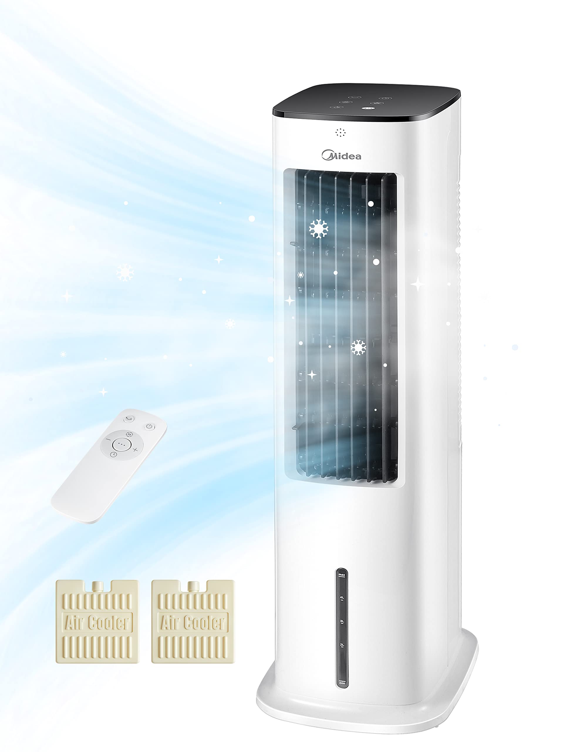 Midea 4-in-1 Mobile Klimaanlage 🌬️ | Turmventilator mit Wasserkühlung & Luftbefeuchter 💧 | Luftkühler mobil mit 5L Wassertank, 355m³/h Luftstrom, Ionisation, Fernbedienung (55W, Weiß) Angebot bei HelloDeals