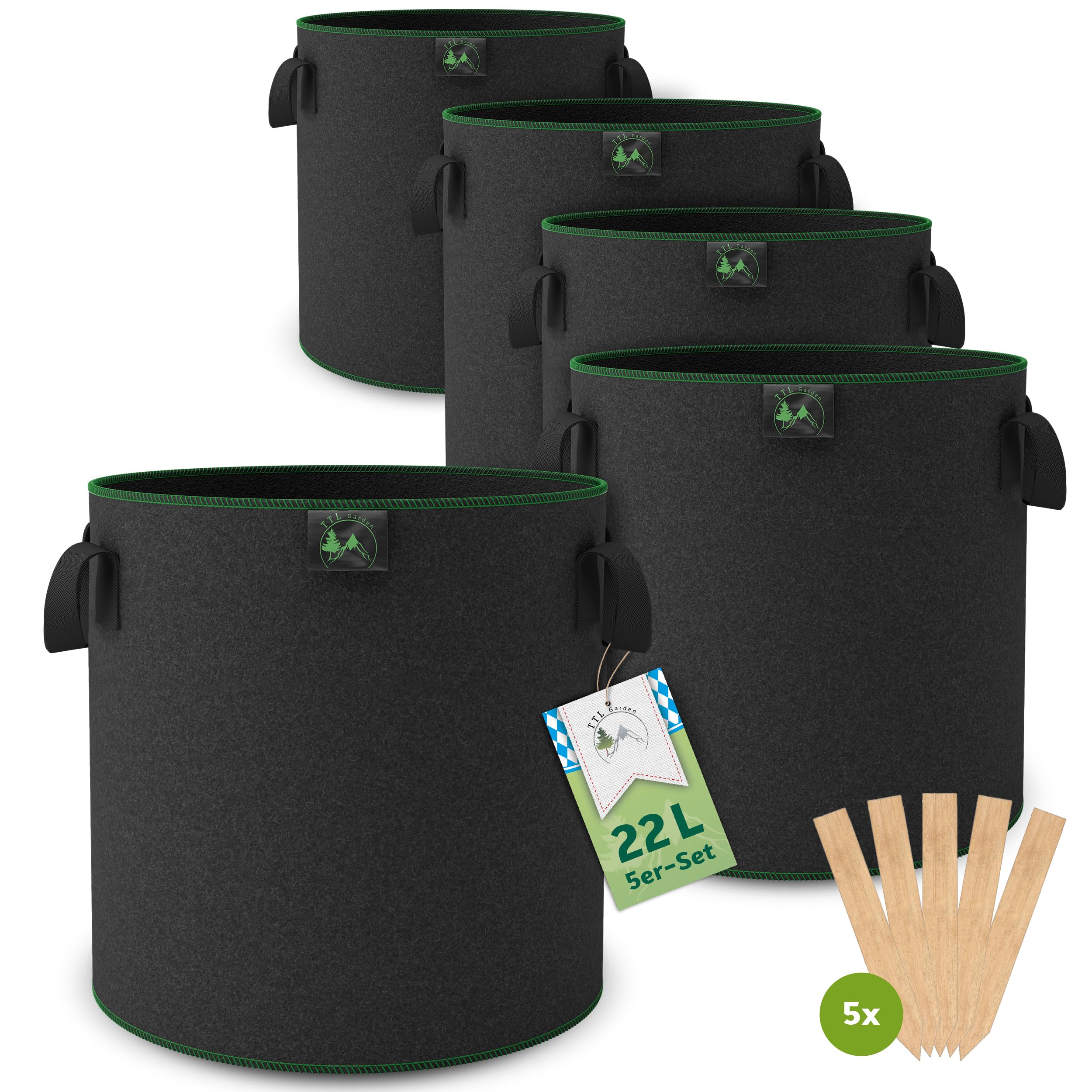 TTL Garden 5X 22L Pflanzsack aus Vlies Stoff - 5er Set 20L +10% = 22 Liter Angebot bei HelloDeals