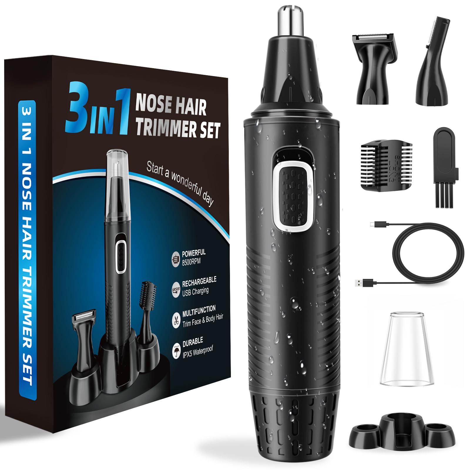 🌟 3-in-1 Nasenhaartrimmer Set 🌟 USB Wiederaufladbar 🌟 Schwarz Angebot bei HelloDeals