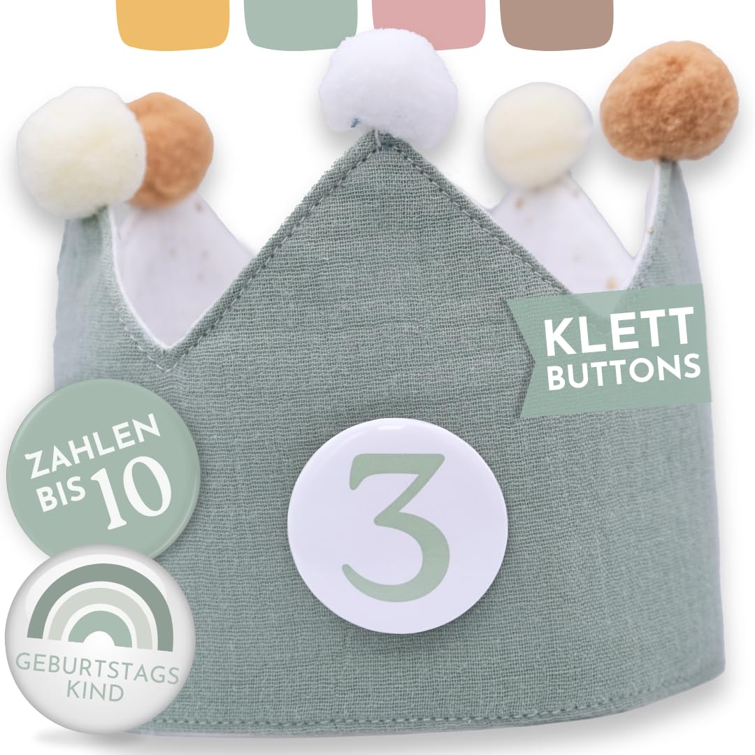 👑 BJORKI® Geburtstagskrone für Mädchen & Junge aus Musselin - Klett-Buttons mit Zahlen von 1-10 🎉 Angebot bei HelloDeals