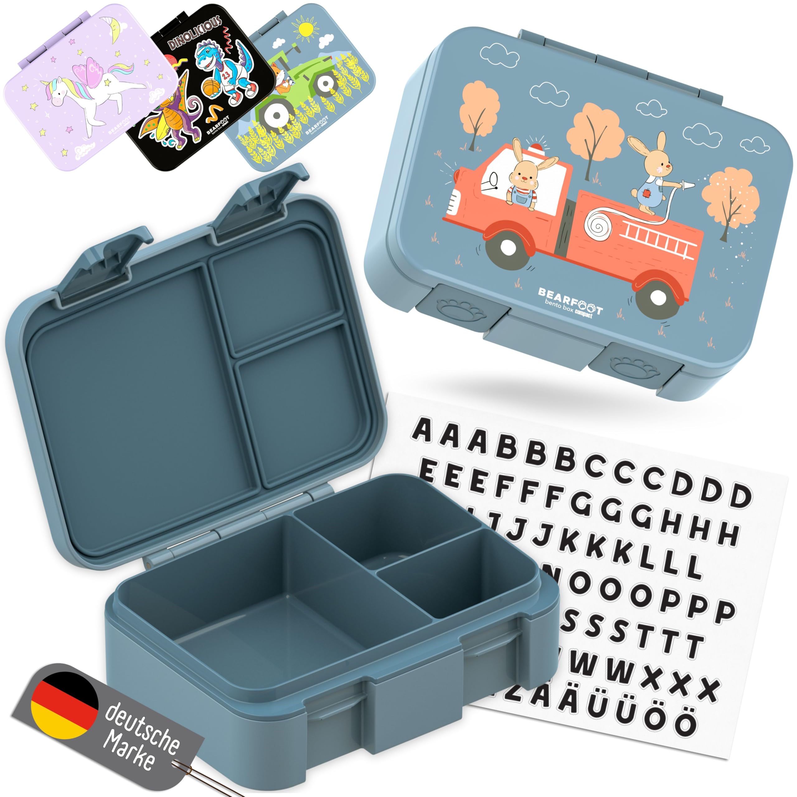 BEARFOOT Bento Box COMPACT | Brotdose Kinder mit Fächern Mädchen & Jungen (BPA-frei) | Für Schule & Kindergarten | Brotdose Kinder auslaufsicher | Leicht & kompakt (Feuerwehr-blau, 650ml) Angebot bei HelloDeals