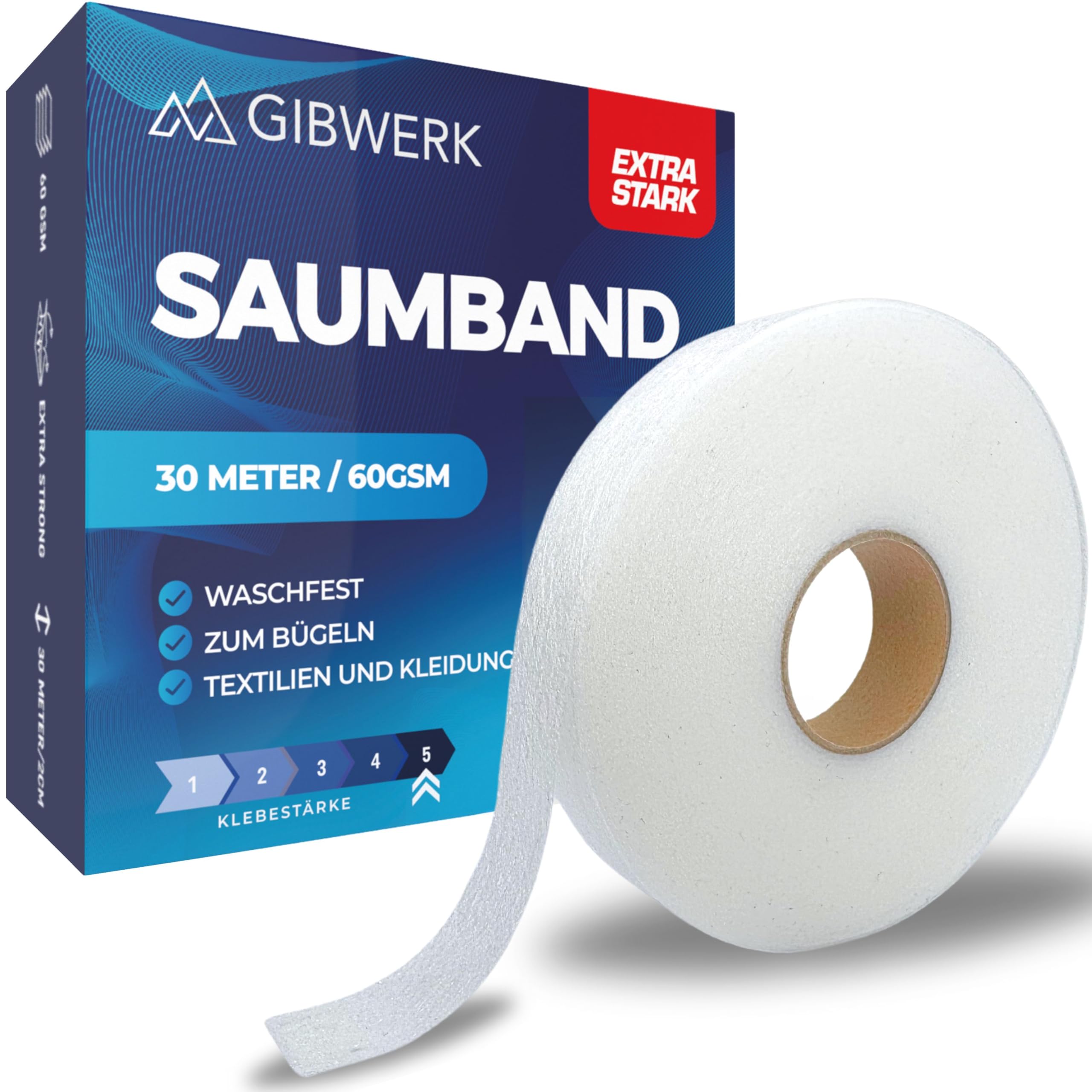 GIBWERK Saumband zum Aufbügeln Waschfest | 60 GSM | Extra Stark | 30 Meter x 20 mm Angebot bei HelloDeals