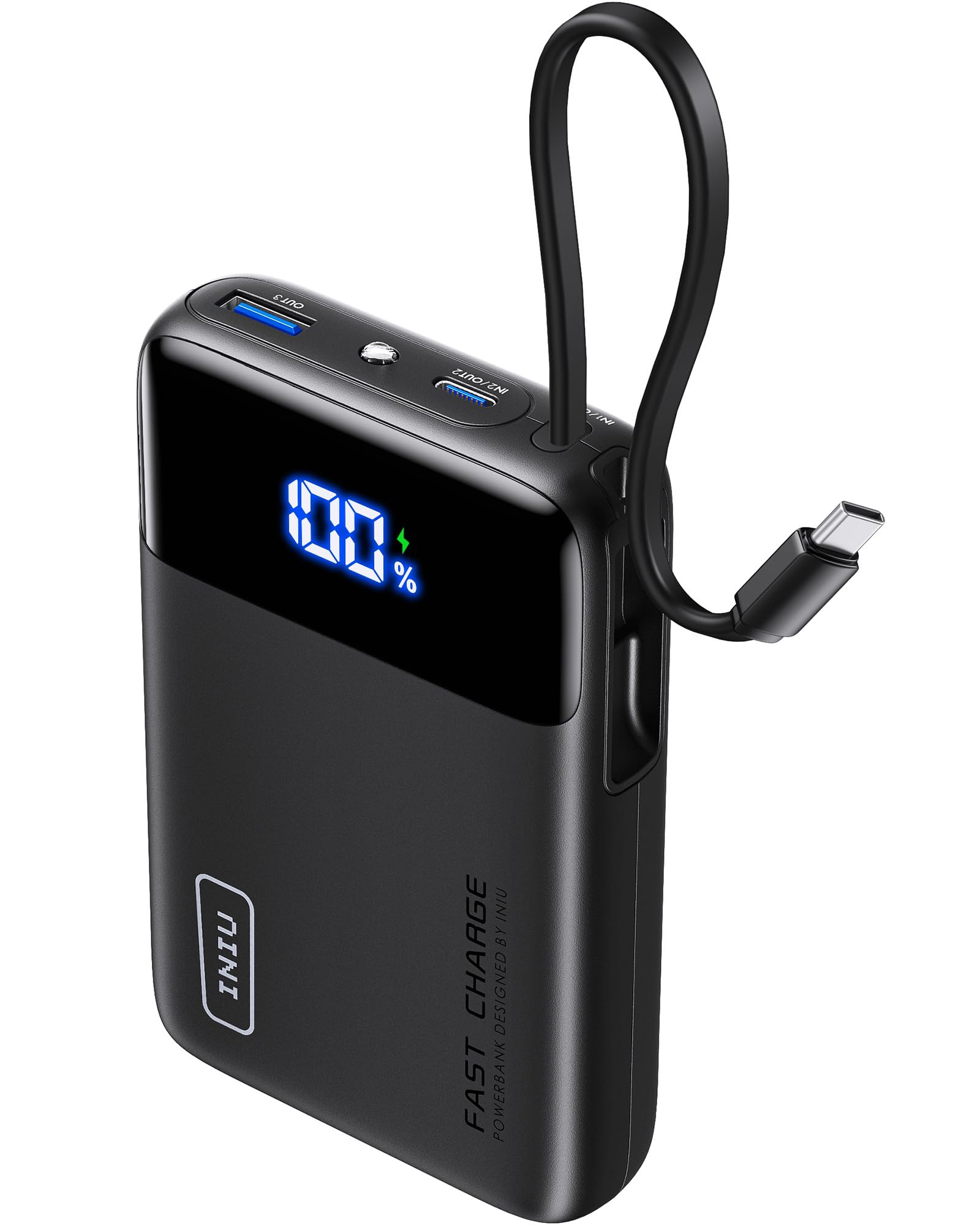 🔋 INIU 45W Power Bank, 20000mAh Schwarz mit Integriertem USB-C Kabel 🔌 Angebot bei HelloDeals