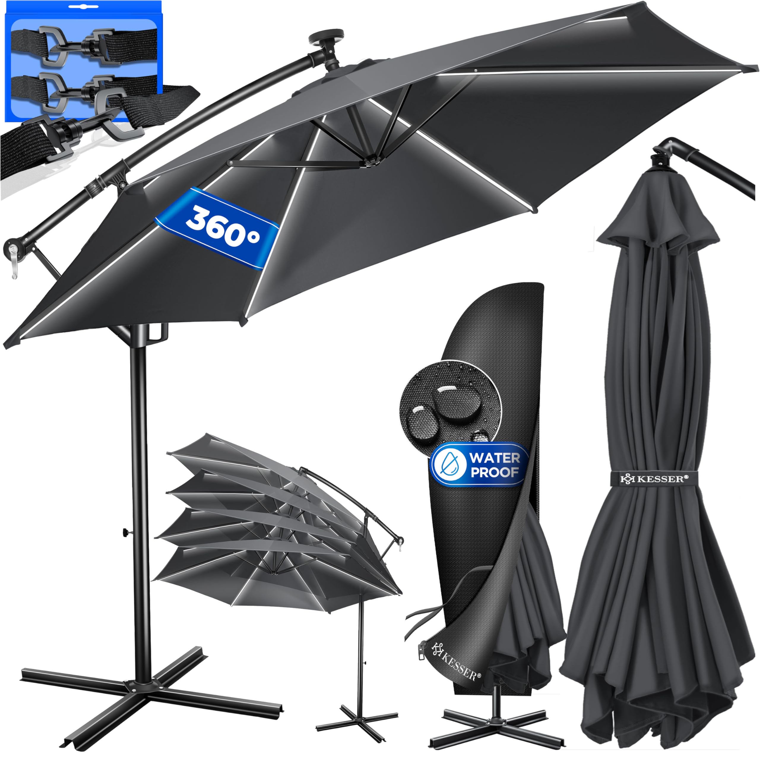 🌞 KESSER® Alu Ampelschirm LED Solar Ø350cm - Garten-Schirm mit LED-Lichtern und Kurbelsystem Angebot bei HelloDeals