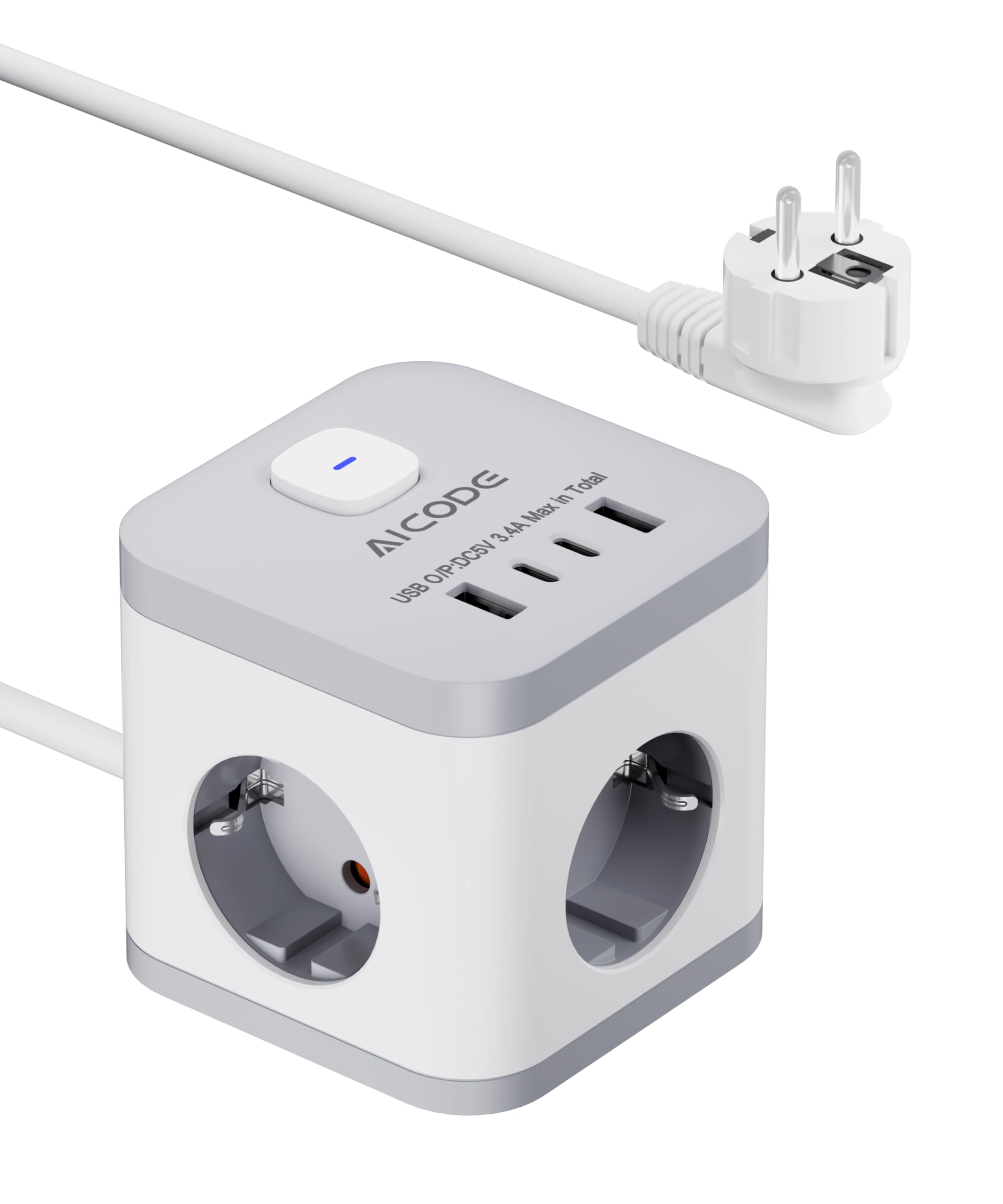 🔌 AICODE Steckdosenwürfel 3-Fach 3680W mit 4 USB (2X USB-C) & Kindersicherung - Steckdosenleiste mit Schalter Angebot bei HelloDeals