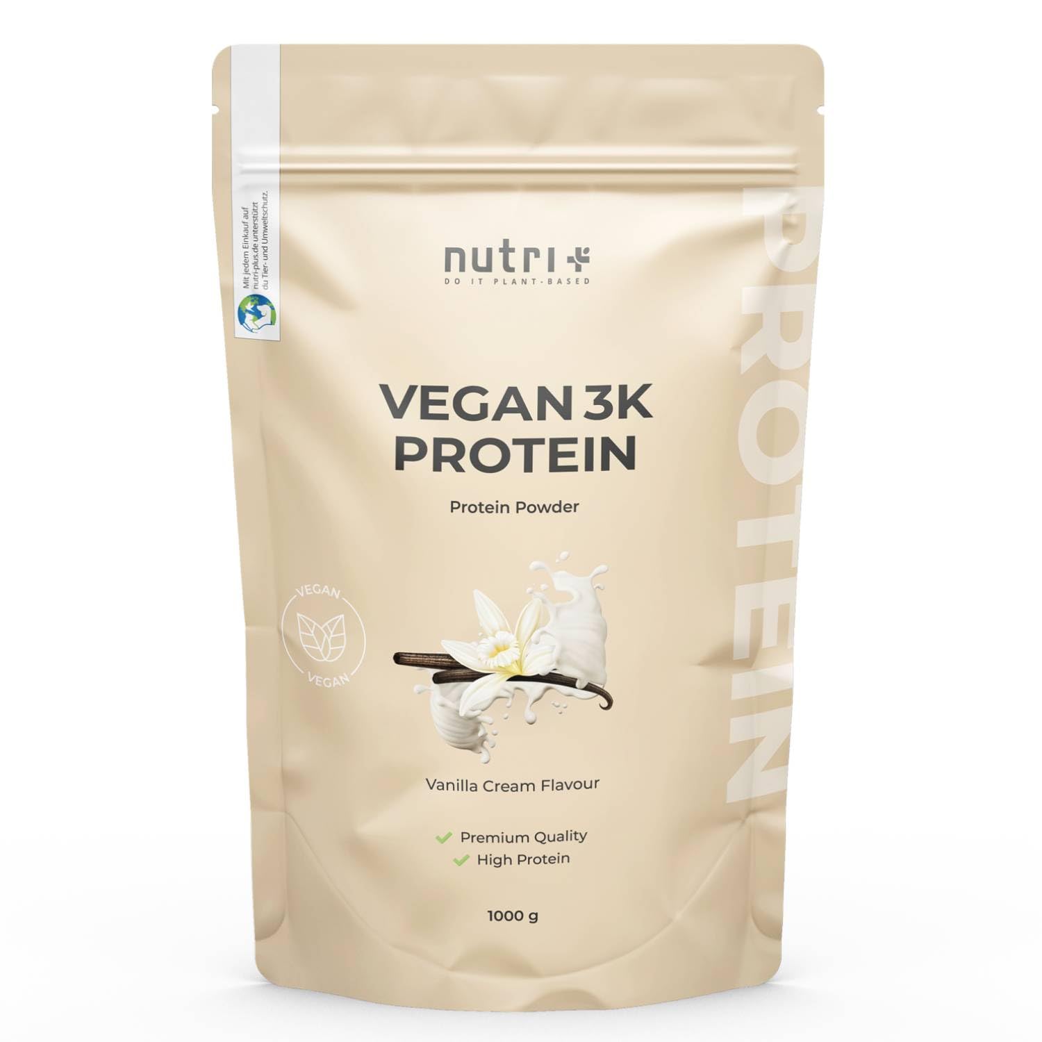 Nutri + Vegan Protein Pulver Vanille 1 kg 81% Eiweiß - 3k Proteinpulver 1000 g - Shake Vanilla Cream Flavor Angebot bei HelloDeals