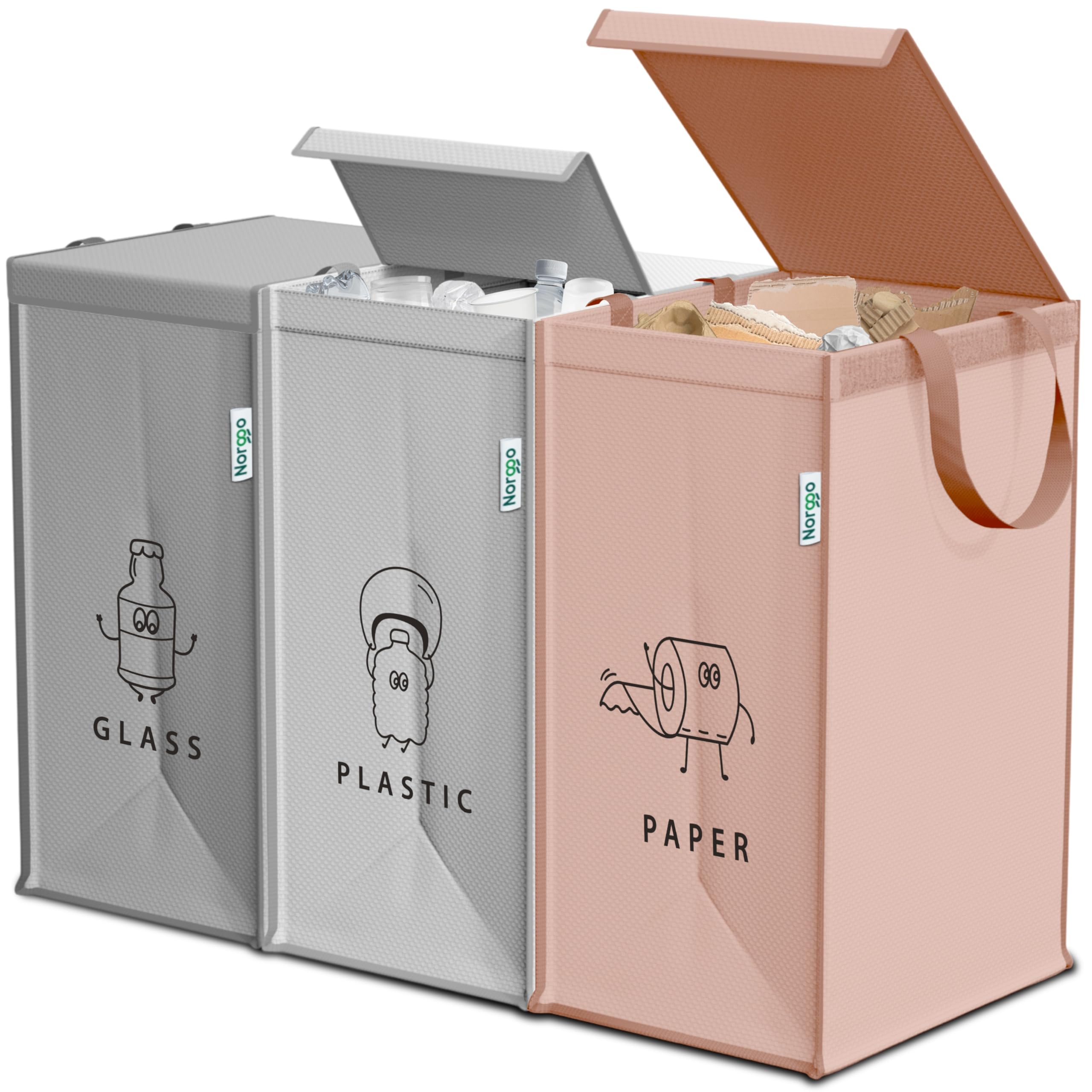 🌿🗑️ Norggo® Mülltrennsystem 3fach – Set aus 3 Mülltrennsysteme für Plastik, Papier und Glas – Recycling Behälter 40L mit Griff Angebot bei HelloDeals