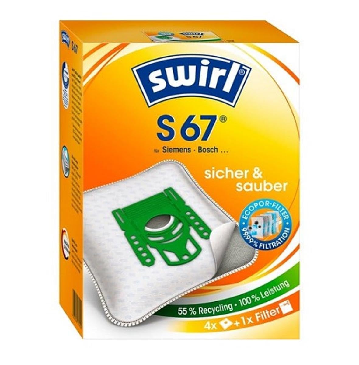🌪️🧹 Swirl S 67 EcoPor Staubsaugerbeutel für Siemens, Bosch, 4 Beutel, Orange, Weiß - Angebot! Angebot bei HelloDeals