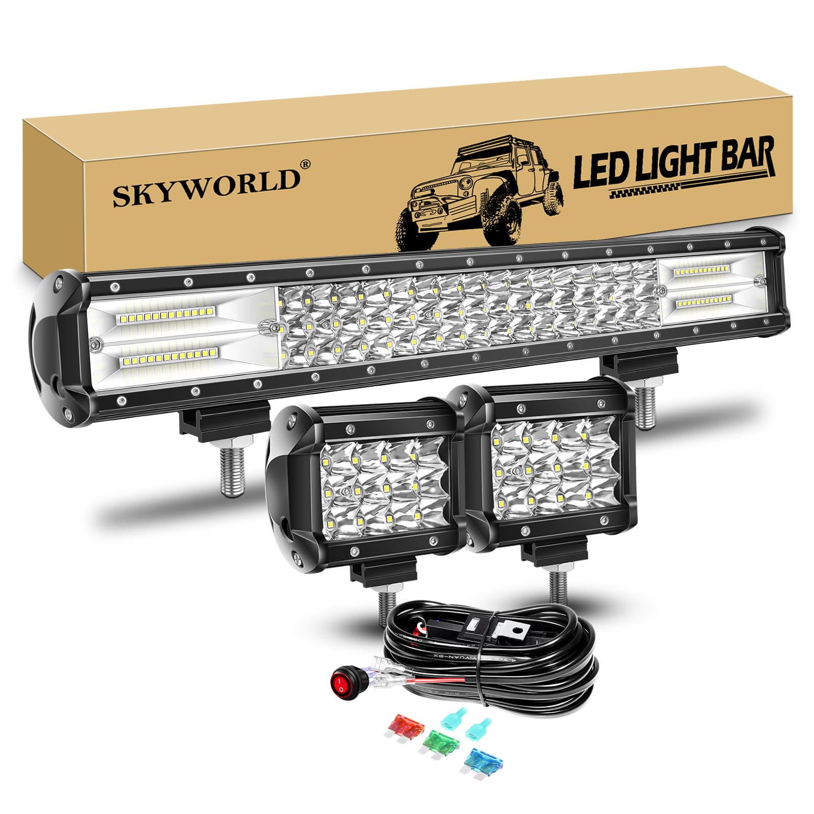 SKYWORLD LED-Lichtleiste, 20" 288W Spot Flutlicht Arbeitsscheinwerfer Bar Offroad + 4" 36W LED Arbeitsscheinwerfer Spotlight 🚜 Angebot bei HelloDeals