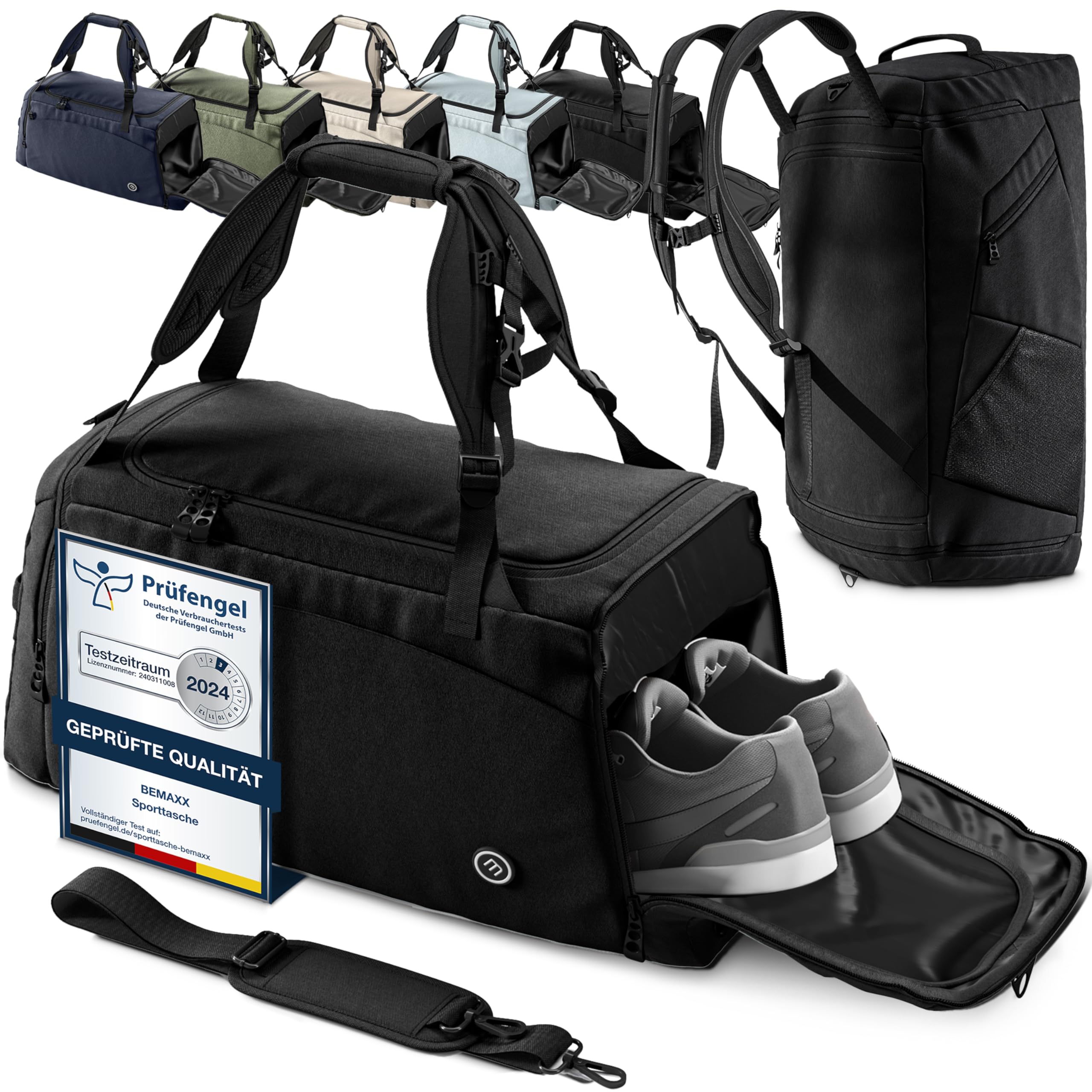 Sporttasche Trainingstasche + Rucksack-Funktion, Schuhfach, Nassfach | 40/60L Reisetasche Schwarz Angebot bei HelloDeals