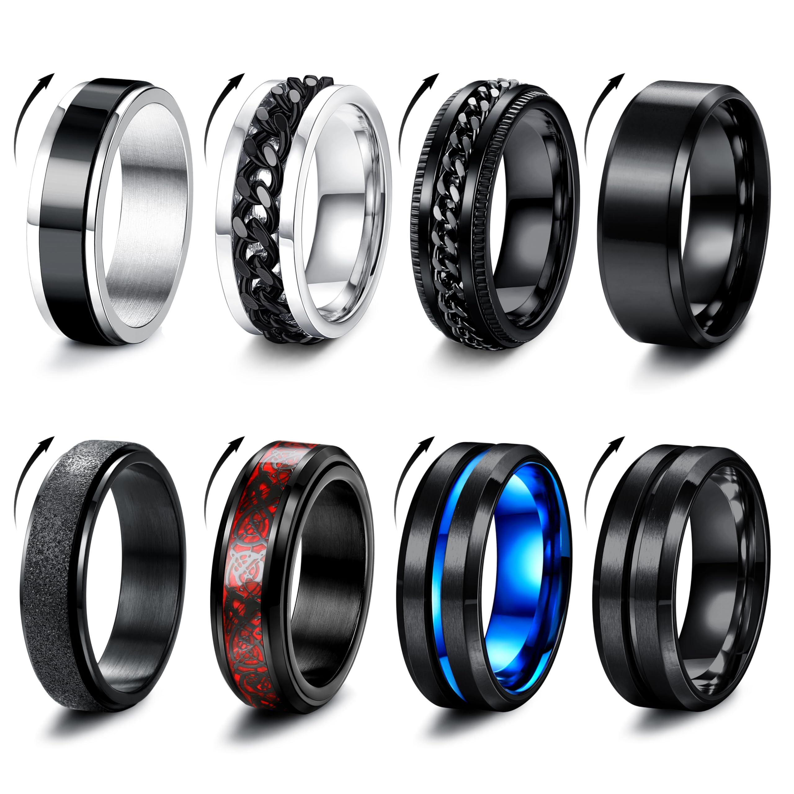 🎁 Milacolato 8 Stück Edelstahl Fidget Ring Spinner - Schwarze Bandringe Angebot bei HelloDeals