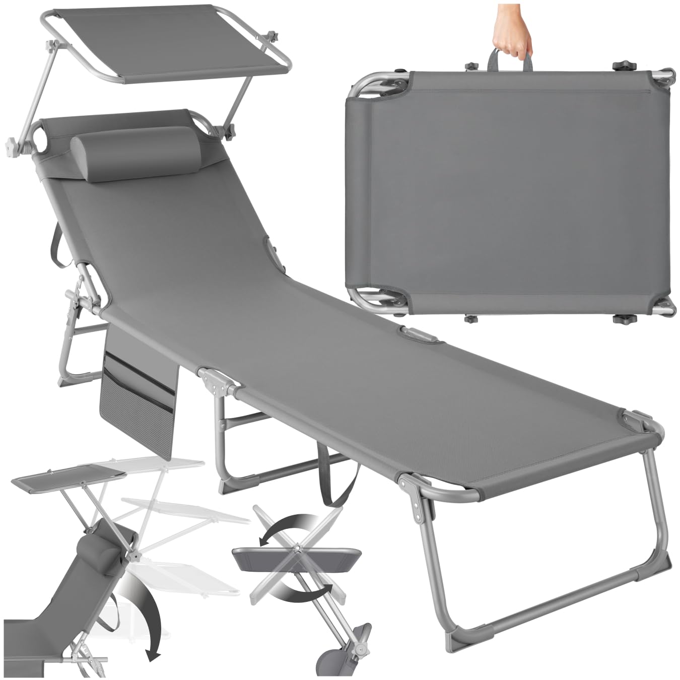 🌞🏖️ Tectake® Sonnenliege klappbar mit Dach und Kopfkissen - Grau 🏖️🌞 Angebot bei HelloDeals