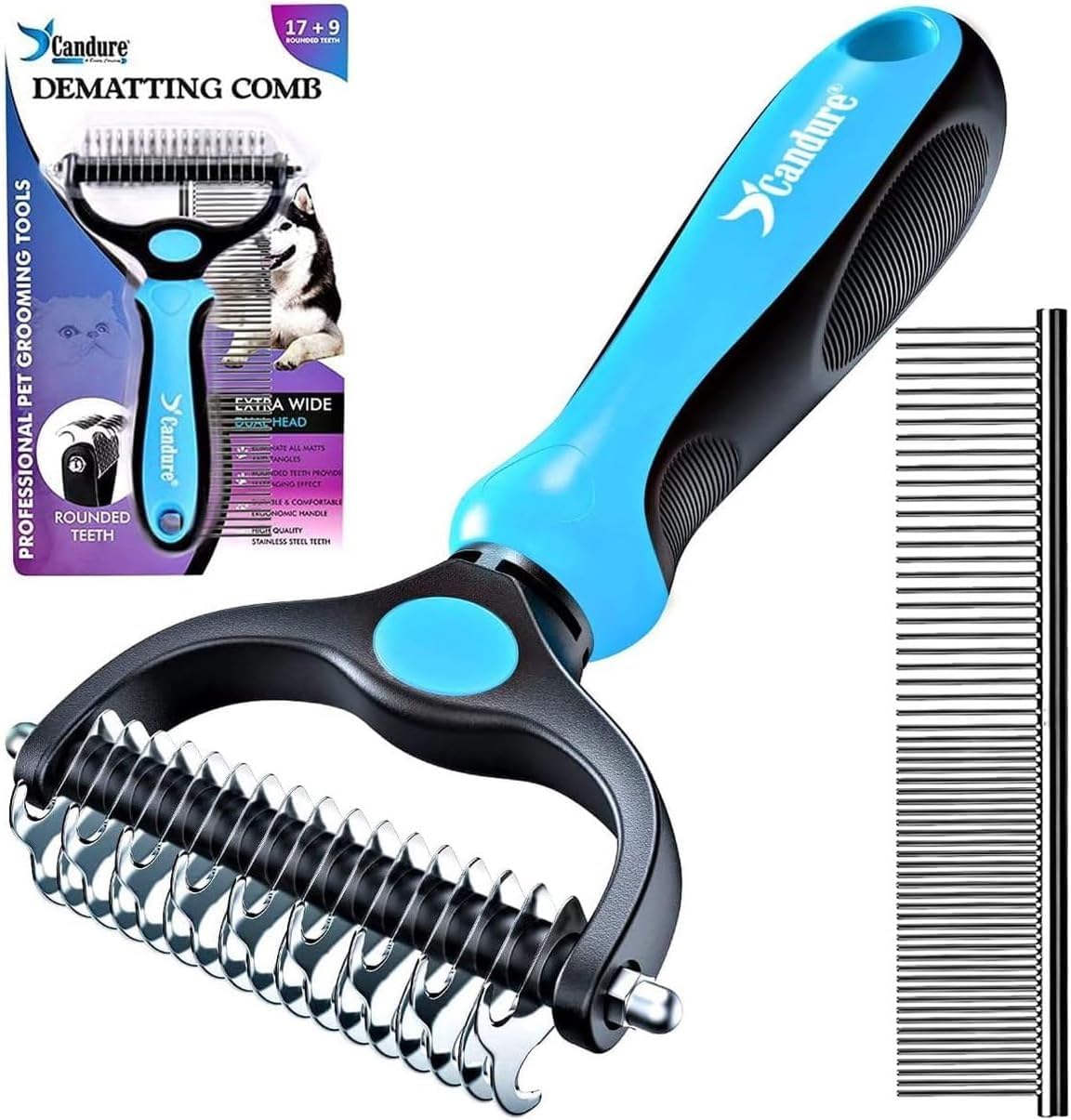 Candure Professionelle Hunde- und Katzenbürste, lange Haare, Hundepflege, Rechen, doppelseitige Zähne, 17 + 9, entfernt Knoten, Teppiche und Haare (Azul) Blau Angebot! Angebot bei HelloDeals