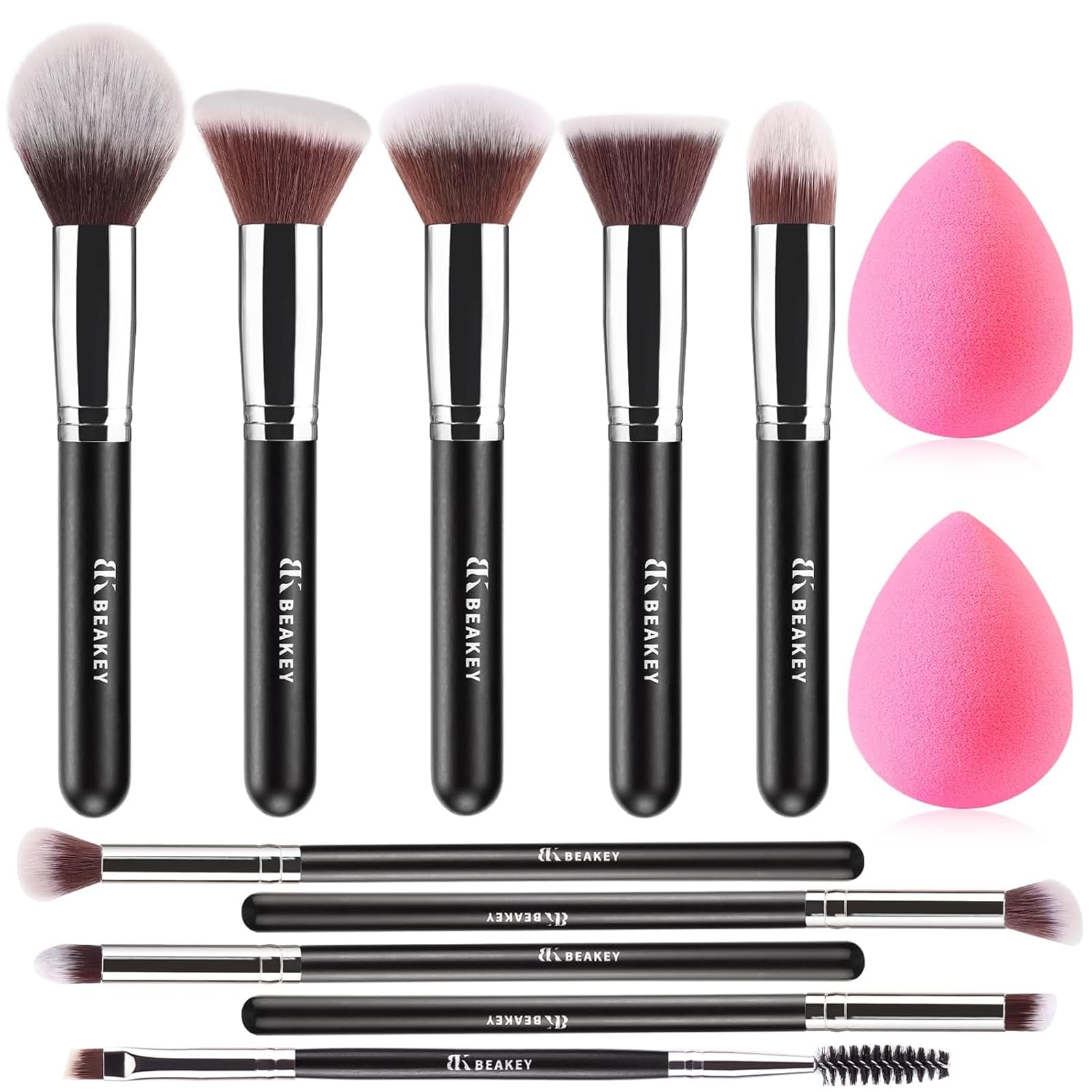 BEAKEY Pinselset Makeup Professionelles Foundation Set Premium Puderpinsel Lidschatten Blush Schminkpinsel Beauty Schwamm (10+2 Stück, Silber) 🌟🎨 Angebot bei HelloDeals