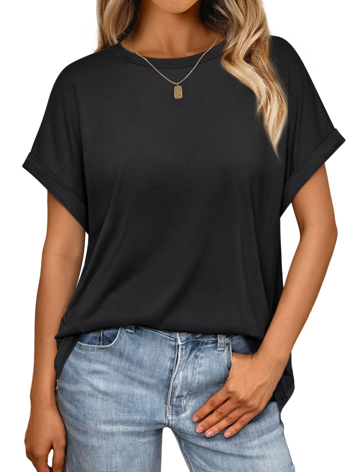 👚 Cuptacc Tshirt Damen Rundhalsausschnitt Kurzarm Oversize T Shirt Sommer Casual Flügelärmel Top Damen Schwarz XL Angebot bei HelloDeals