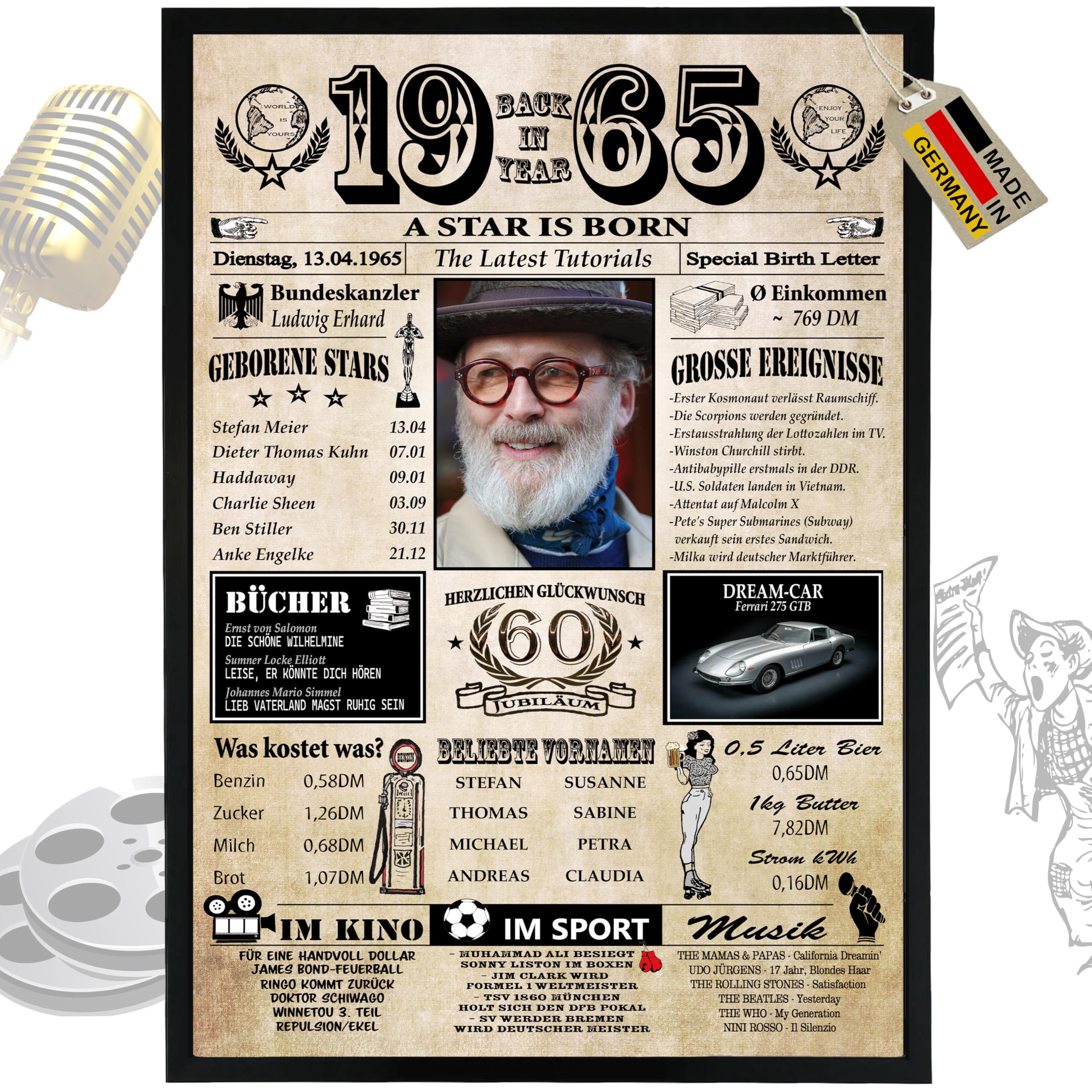 1965-6 Felder PERSONALISIERBAR! zum 60. Geburtstag Mann & 60. Geburtstag Frau - Ausdruck auf 400g/m² Premium Papier - Geschenke 60 Geburtstag Mann & Deko 60 Geburtstag - Back in Year 60. Geburtstag /1965 Angebot bei HelloDeals