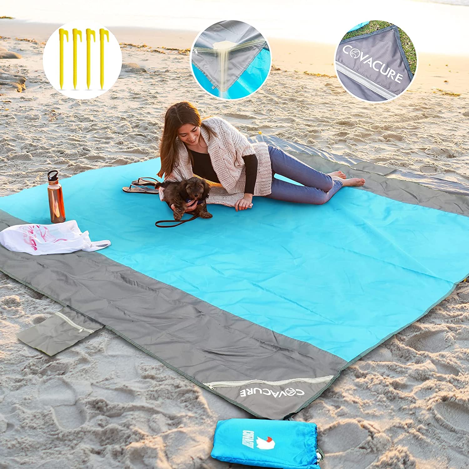 COVACURE Picknickdecke Stranddecke Strandmatte Campingdecke 210 x 200 cm Wasserdicht Sanddicht Ultraleicht Kompakt Blau Angebot bei HelloDeals