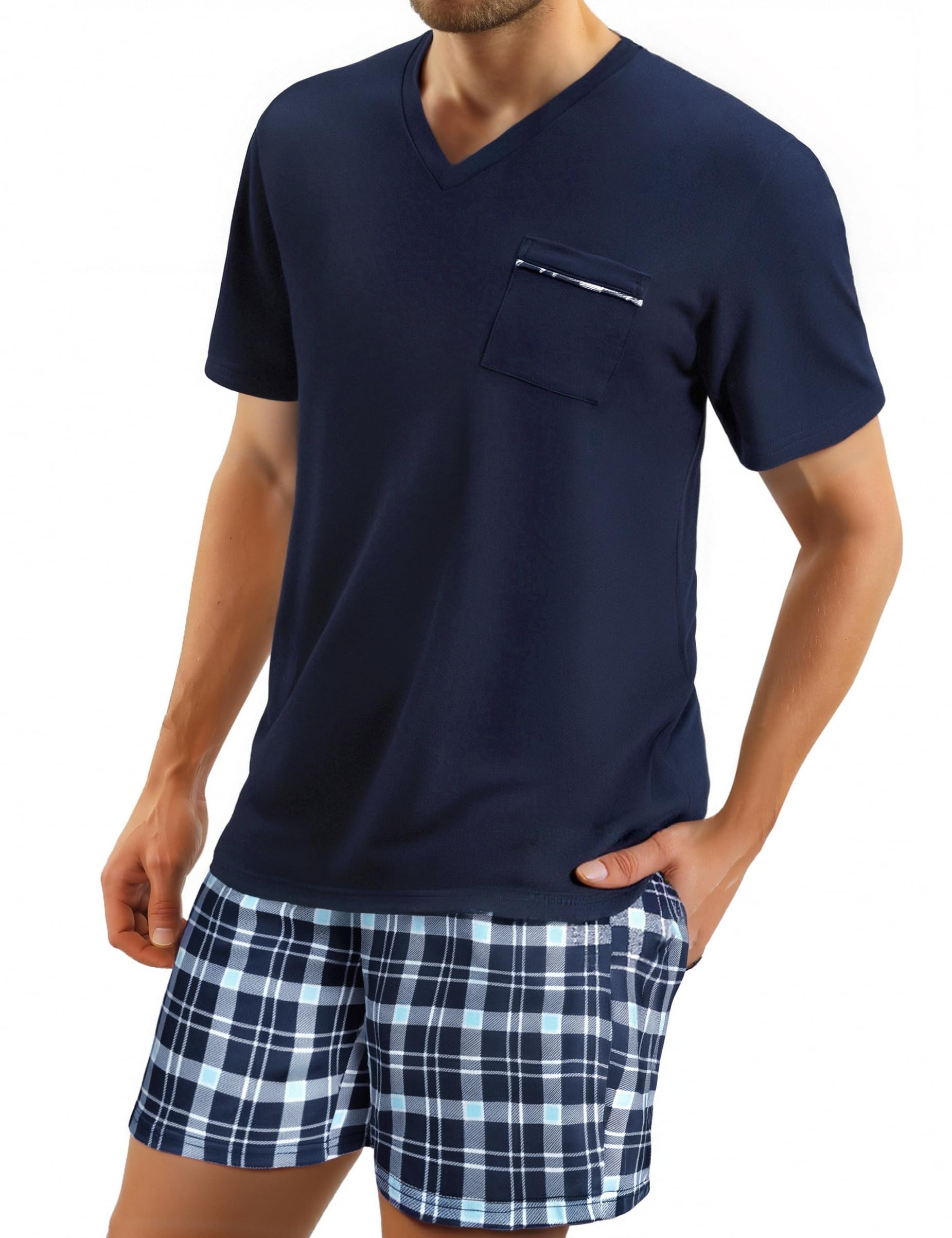 🌙 Sommer Herren Schlafanzug Set Kurzarm Baumwolle Kariert Blau01 L Angebot bei HelloDeals