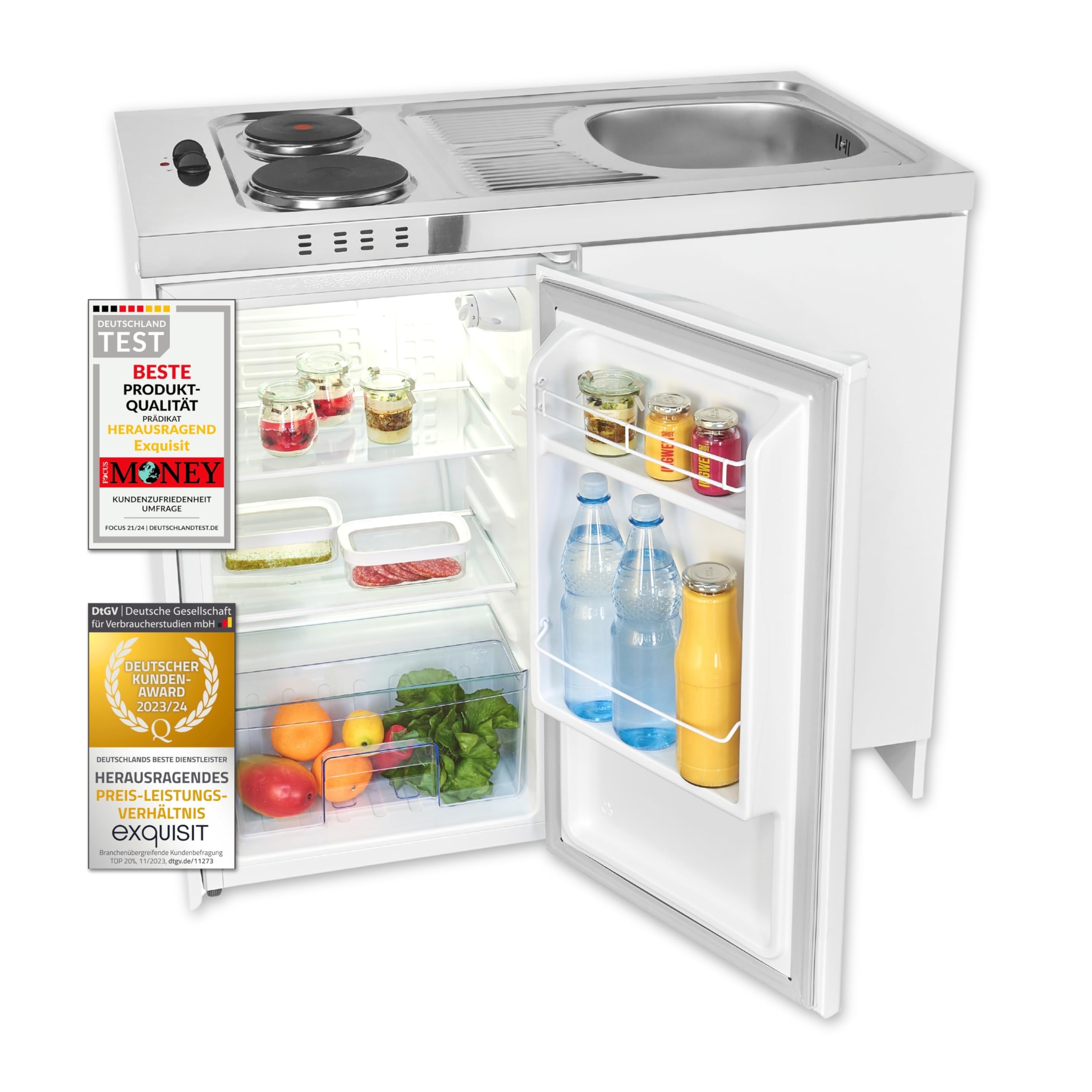 Exquisit Mini-Küche Pantry KK1085 weiß 🌟 | Kühlschrank 76 l | Masse-Kochfeld | Edelstahl-Spüle Angebot bei HelloDeals