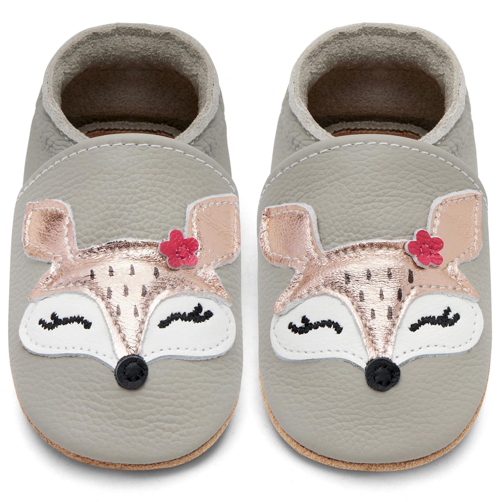 IceUnicorn Krabbelschuhe Baby Lauflernschuhe Jungen Mädchen Weicher Leder Babyhausschuhe Kleinkind Rutschfeste Lederschuhe Baby 6-12 Monate Hellgrauer Fuchs 🦄 Angebot bei HelloDeals