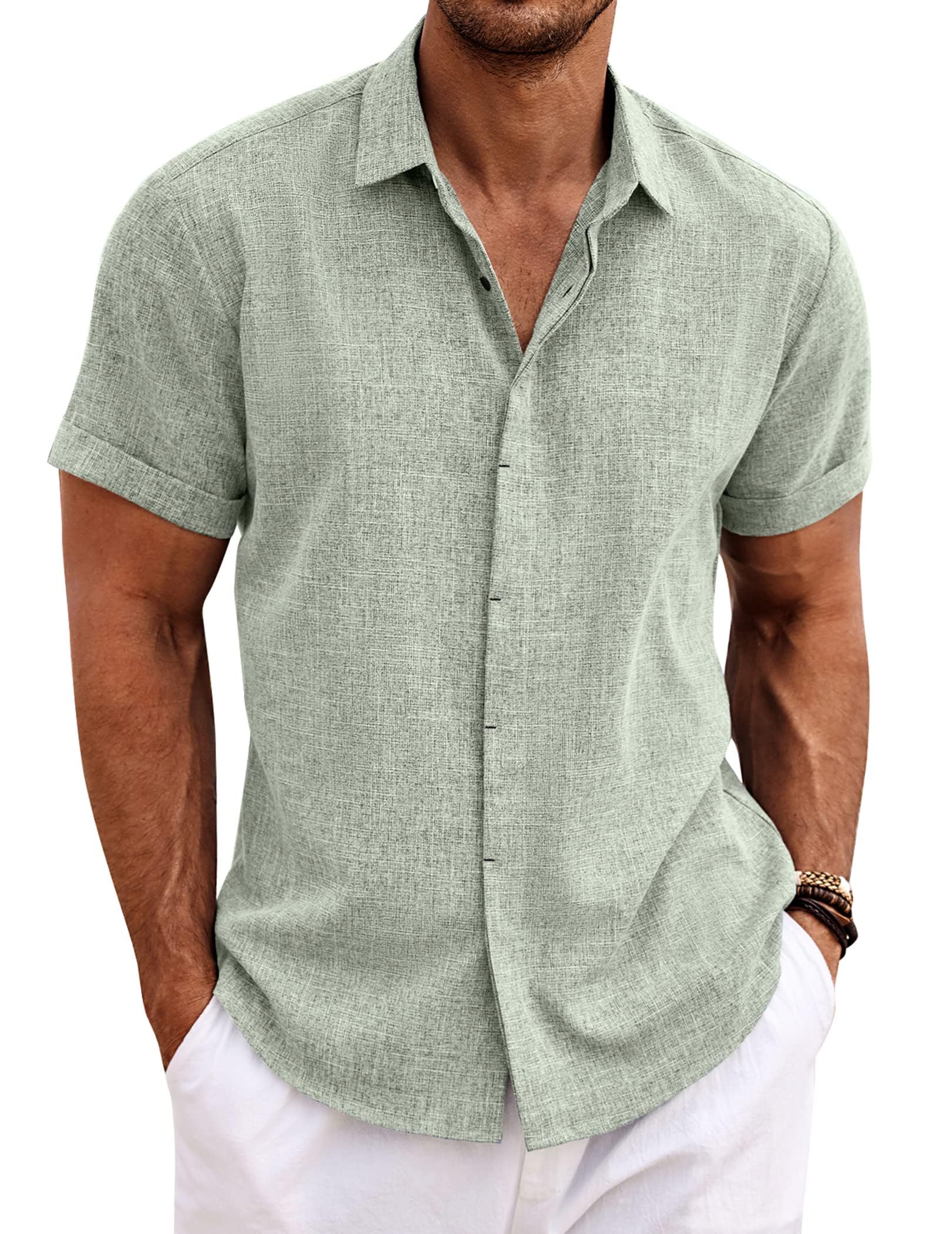 COOFANDY Herren Leinenhemd Kurzarm Hemd Button Down L Hellgrün 😎🌴 Angebot bei HelloDeals